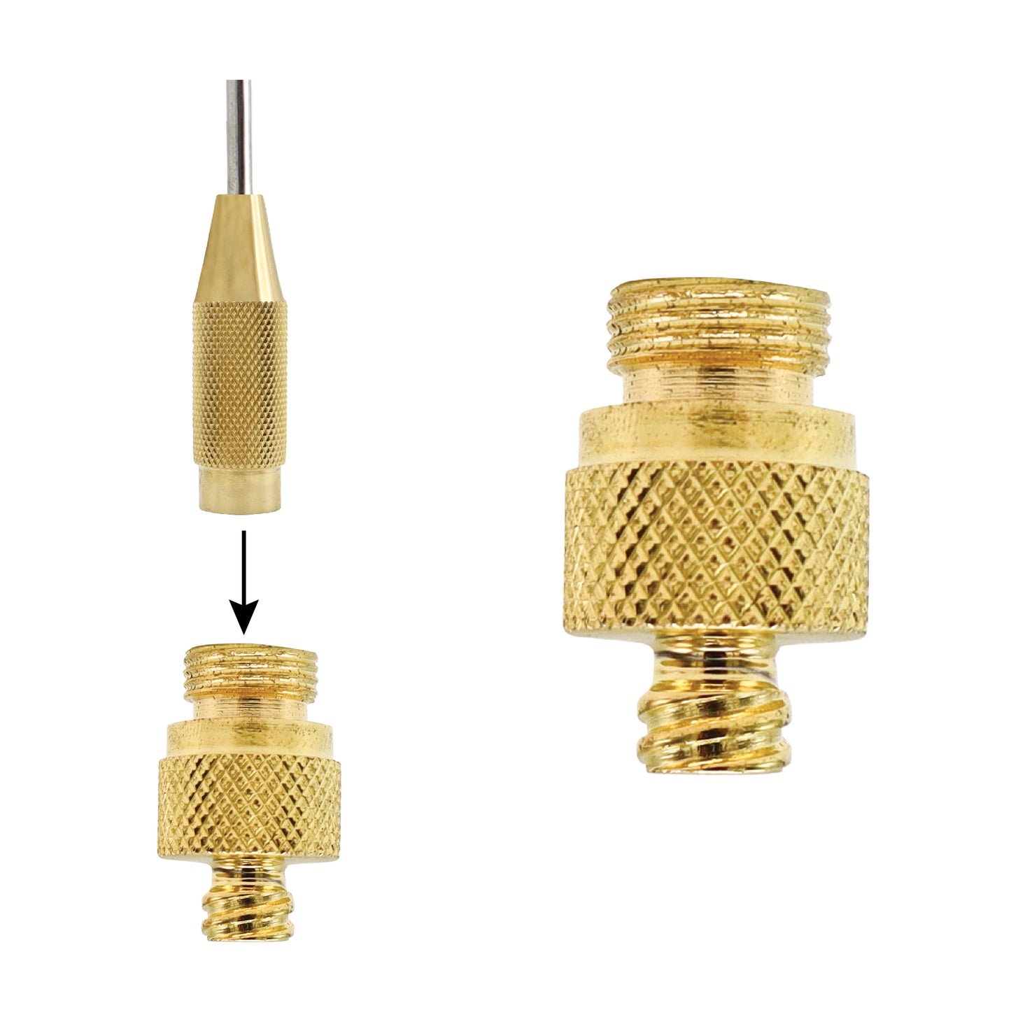 Gold-toned brass Luer lock adapter for liposuction cannulas, featuring a knurled grip body and threaded ends for secure connection to medical syringes.