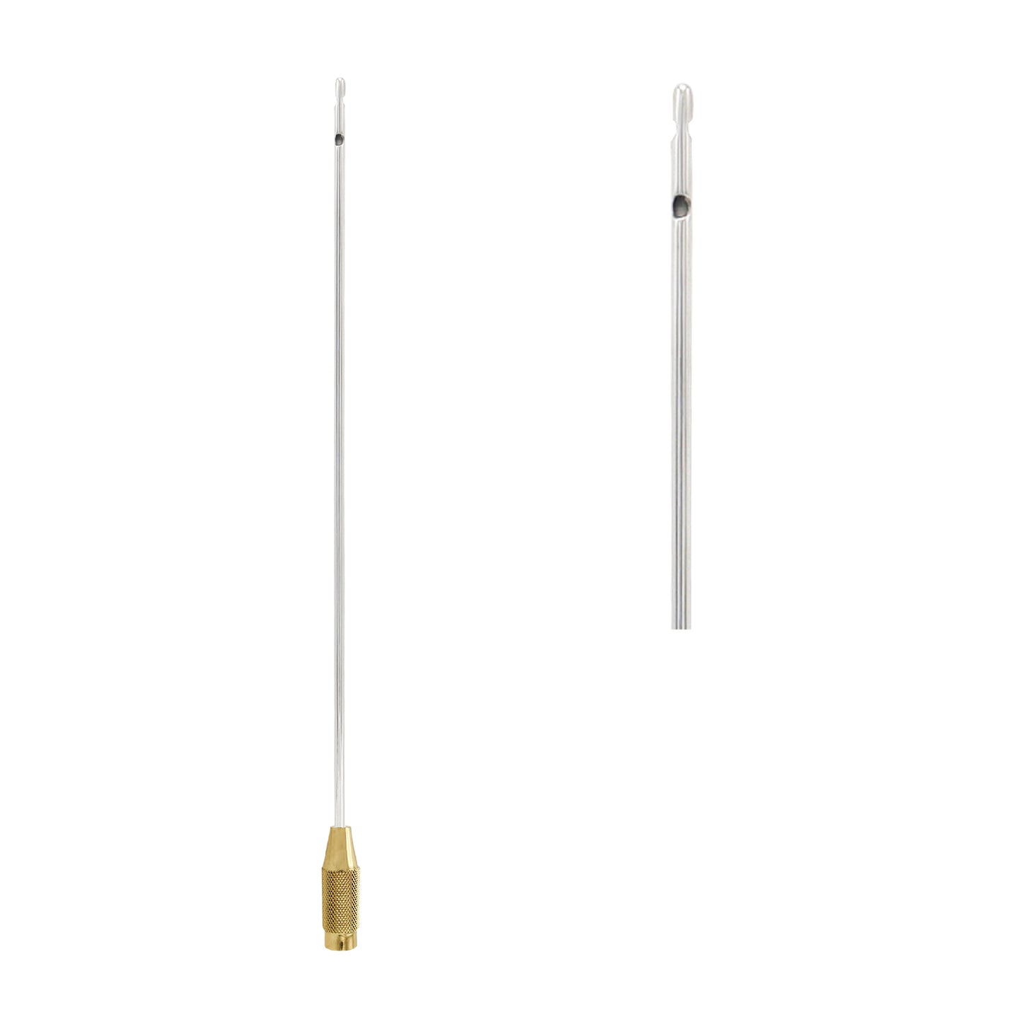 Medical liposuction cannula featuring a gold-plated, knurled handle and a stainless steel tube with a tri-port tip, showing two lateral holes and one central hole for fat aspiration.