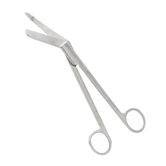 Angled stainless steel Lister bandage scissors with a blunt safety probe tip on a white background.