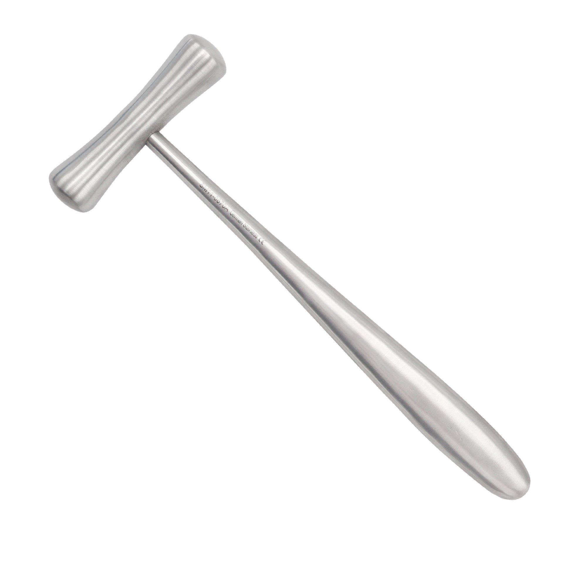 Stainless steel Lucae bone mallet surgical instrument with an ergonomic tapered handle and a dumbbell-shaped head on a solid white background.