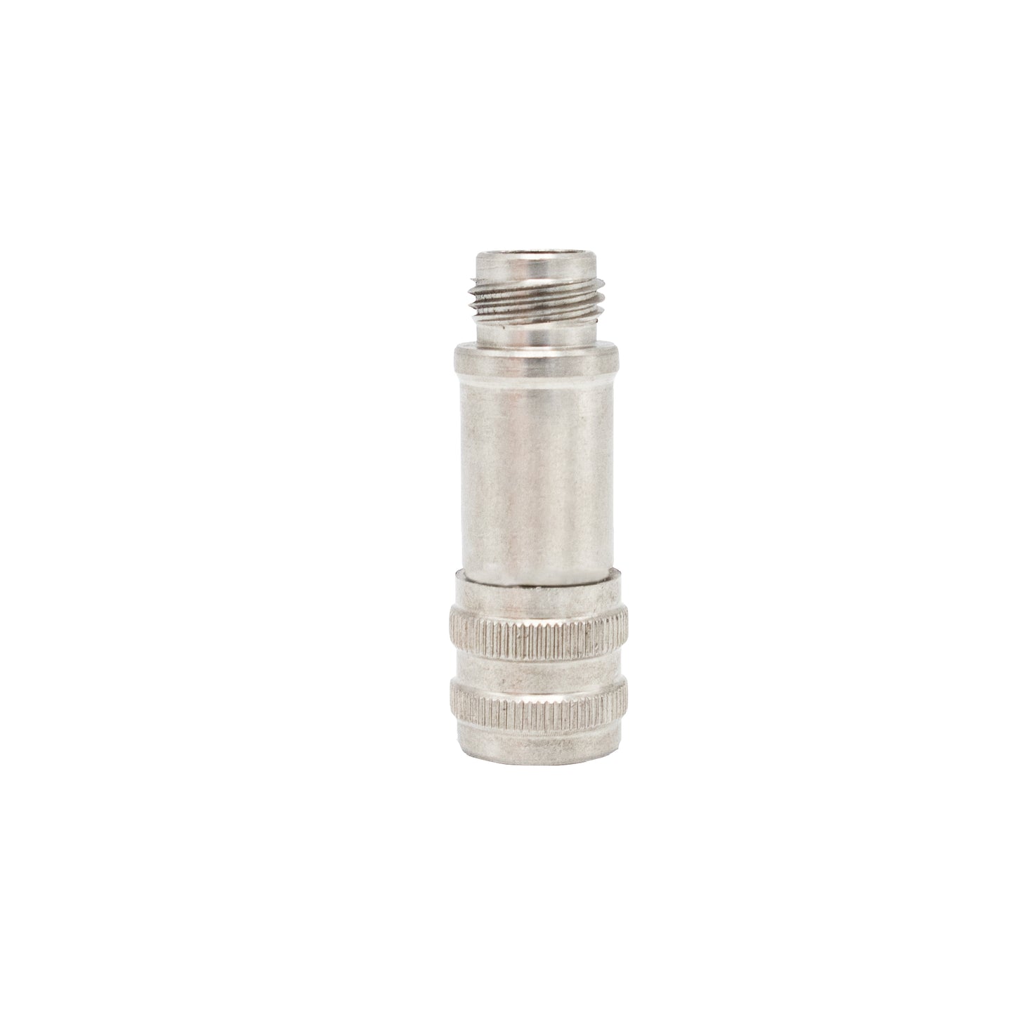 A silver, metallic M12 industrial circular connector with a threaded top and knurled metal housing for field-wireable sensor and actuator connections.