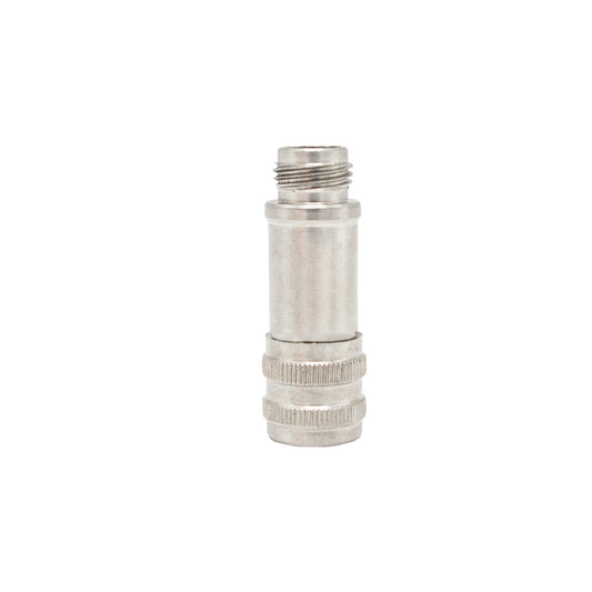 A silver, metallic M12 industrial circular connector with a threaded top and knurled metal housing for field-wireable sensor and actuator connections.