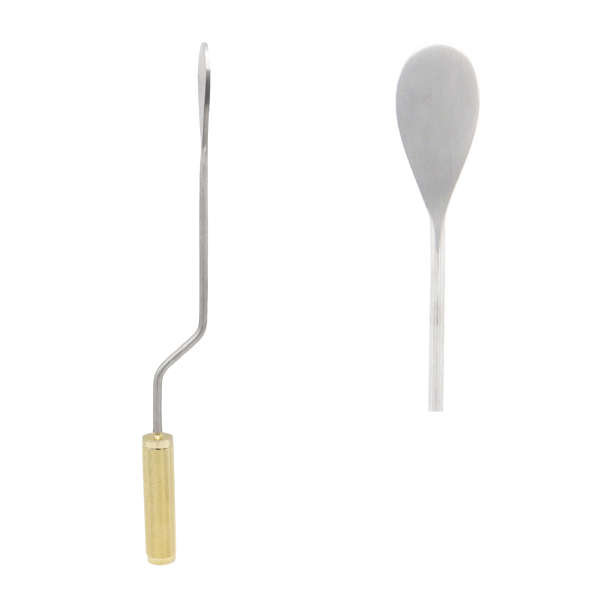 Medical MacCollum-Dingman breast dissector instrument showing a side profile view with a textured gold handle and an offset shaft alongside a front view of its flat, spoon-shaped lollipop blade.