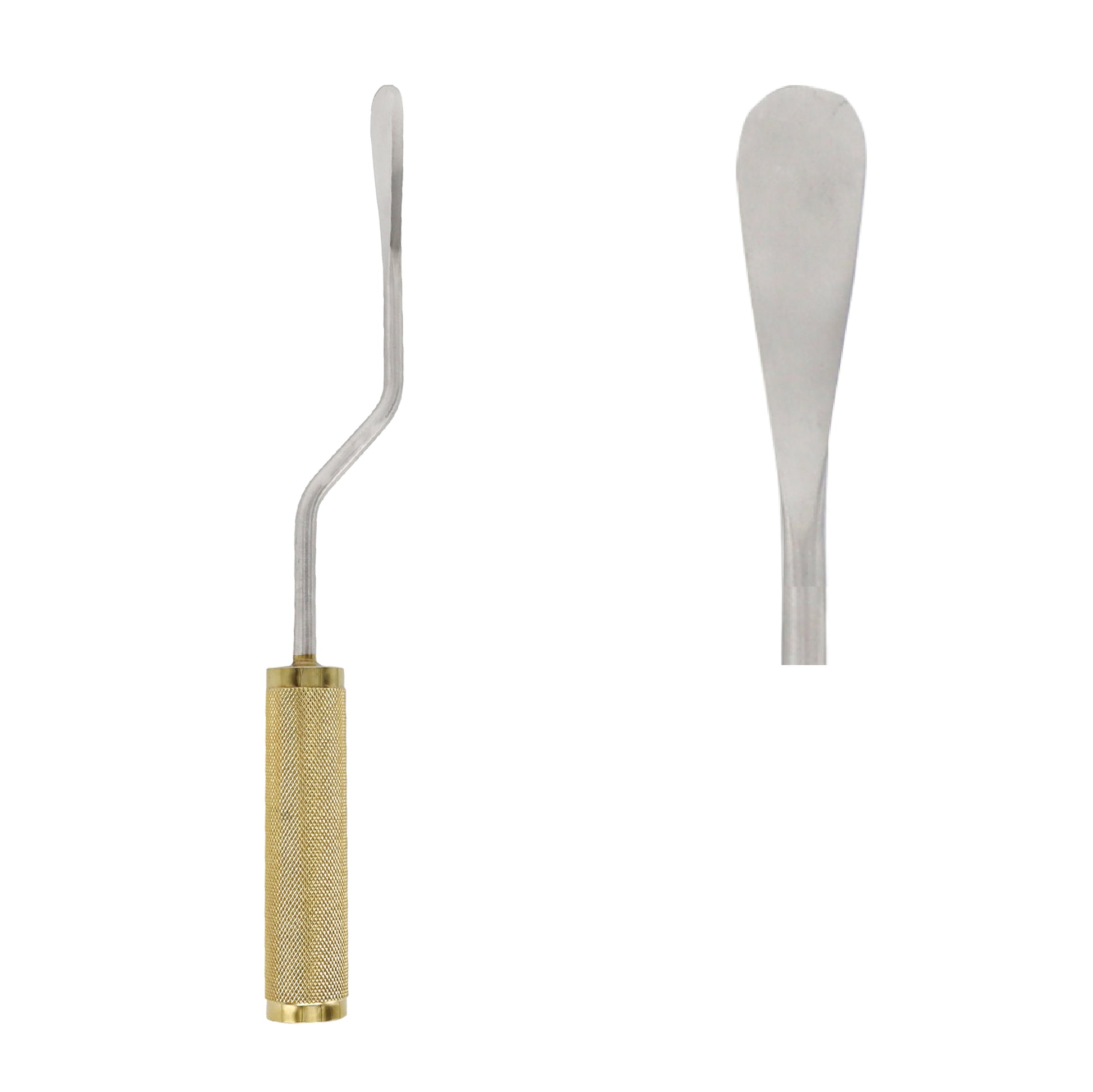 A MacCollum-Dingman submammary breast dissector surgical instrument showing a full-length profile view with a textured gold-colored handle and an angled shaft, alongside a close-up inset of its rounded, flat dissection blade against a white background.
