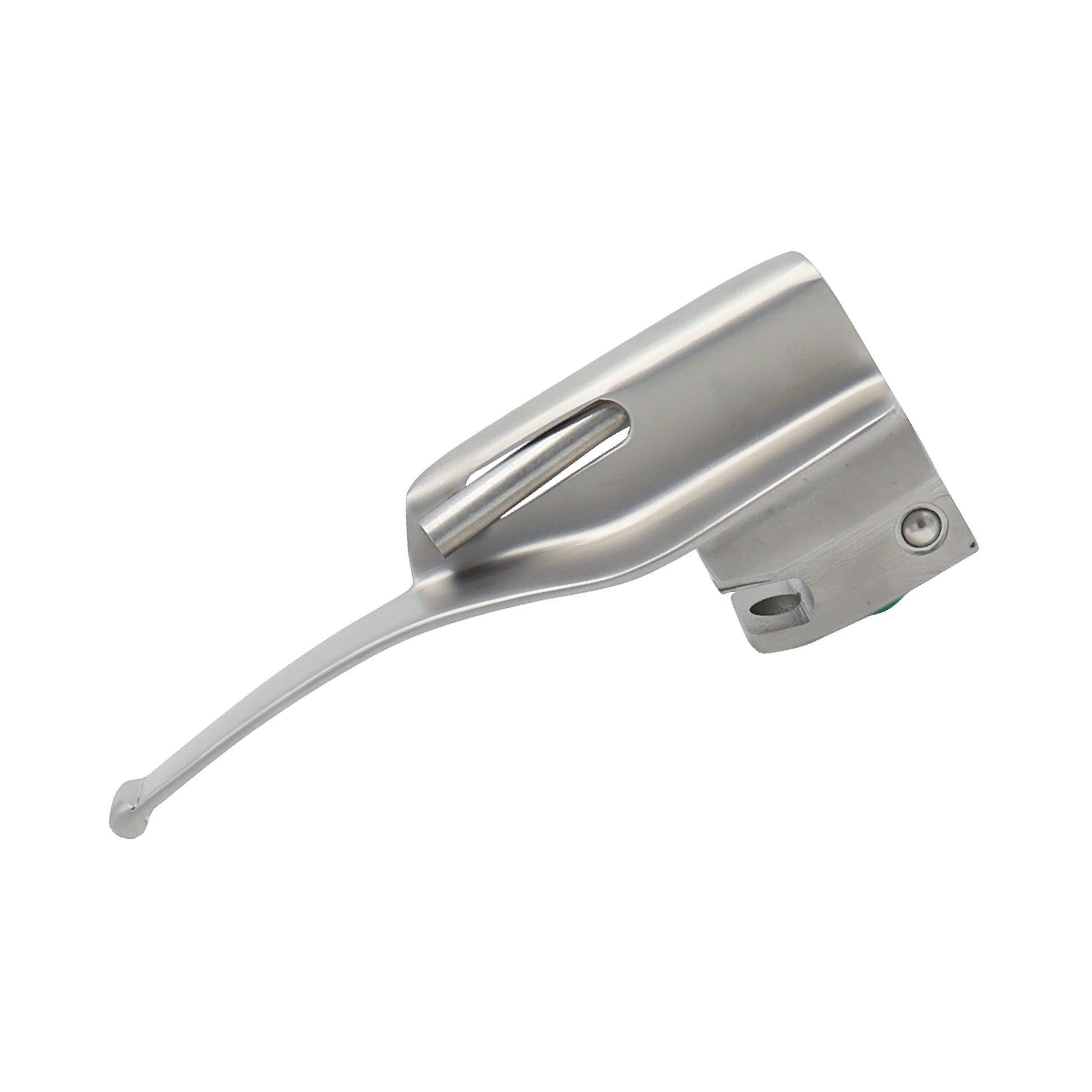 Curved Macintosh laryngoscope blade made of matte-finish stainless steel with fiber optic light pipe for medical intubation.