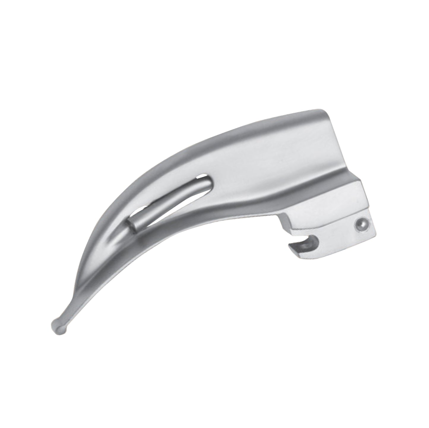 Stainless steel Macintosh curved laryngoscope blade for adult intubation, featuring an integrated fiber optic light guide and a Green System compatible base.