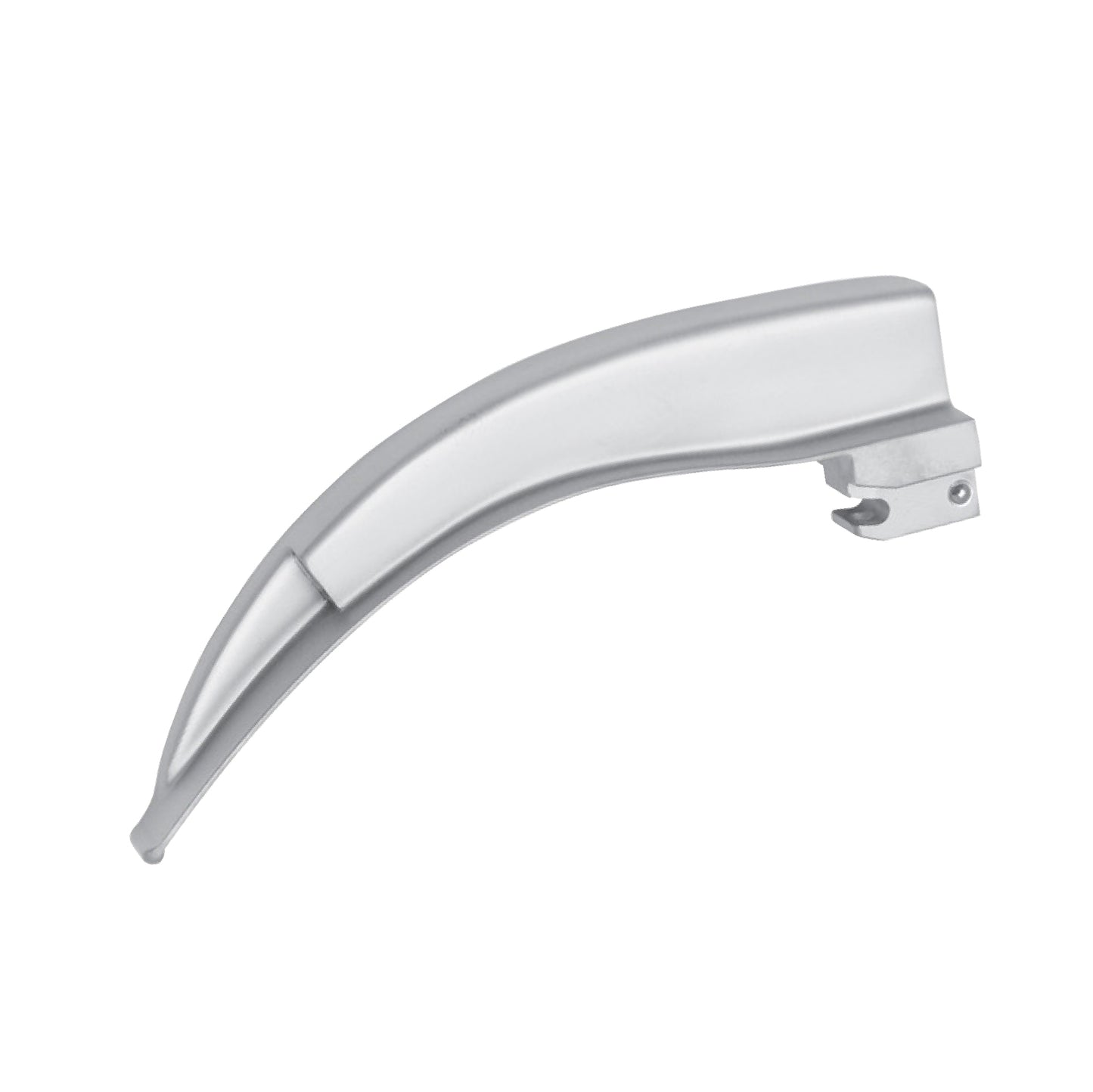 A curved Macintosh fiber optic laryngoscope blade made of surgical-grade stainless steel, used for medical intubation and anesthesia procedures.