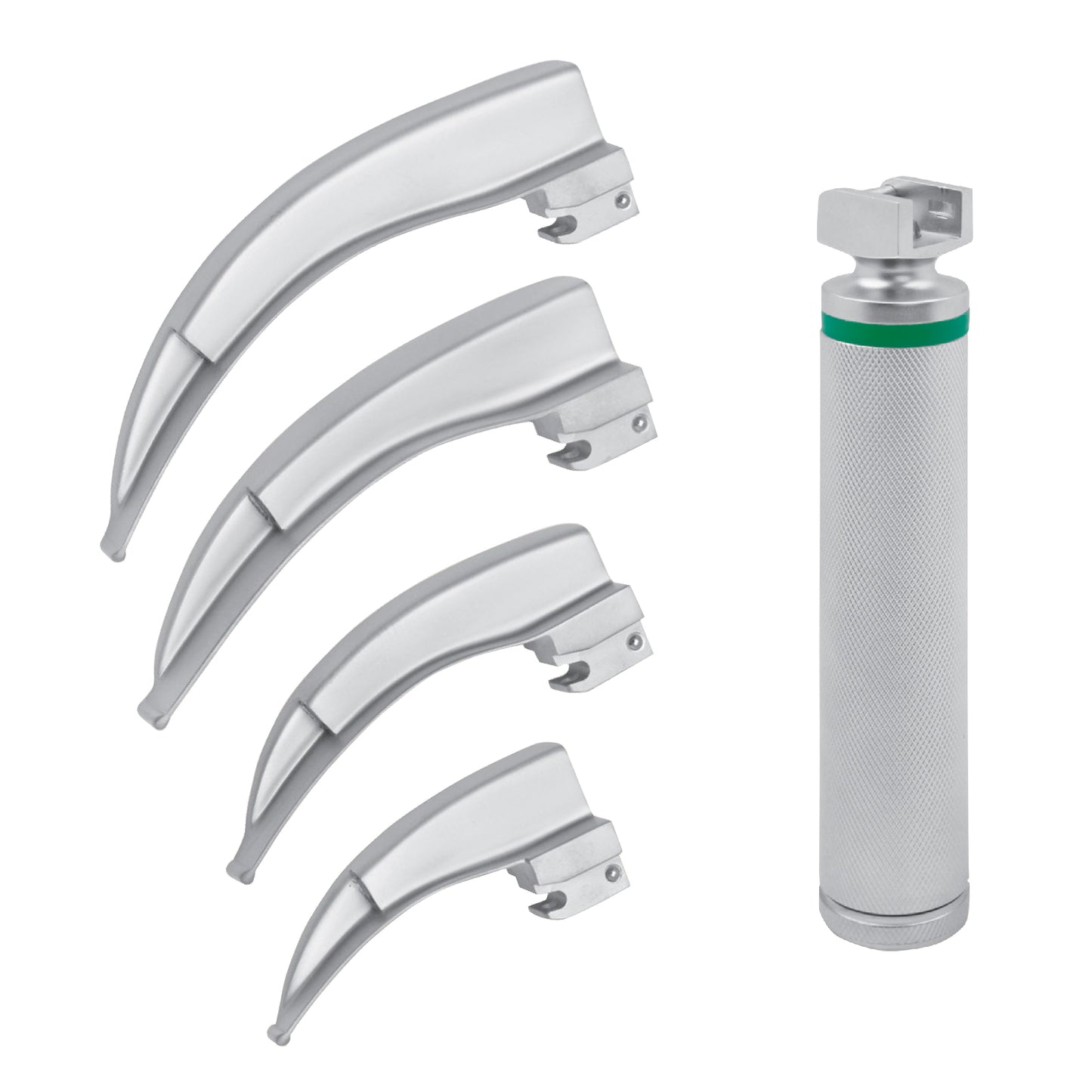 A professional medical set featuring a stainless steel fiber optic laryngoscope. The image displays one textured, silver cylindrical handle with a green indicator ring and four interchangeable curved Macintosh-style blades of varying sizes (small to large), used for intubation and airway management.