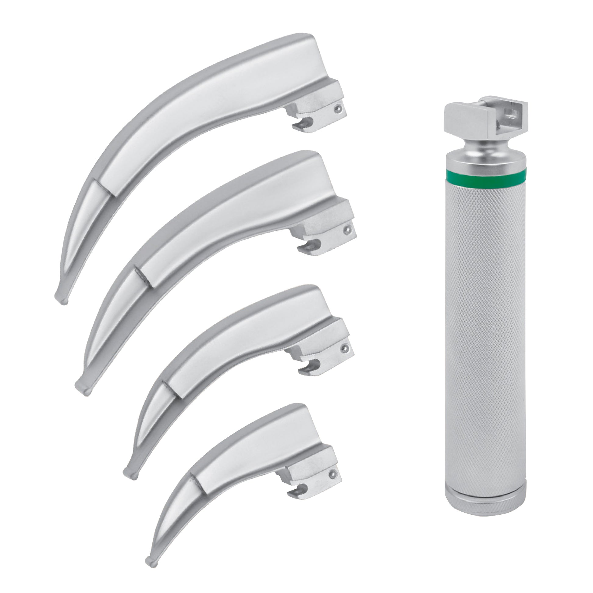 A professional medical set featuring a stainless steel fiber optic laryngoscope. The image displays one textured, silver cylindrical handle with a green indicator ring and four interchangeable curved Macintosh-style blades of varying sizes (small to large), used for intubation and airway management.