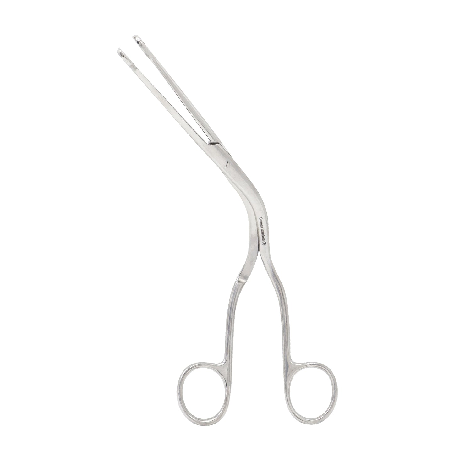 Curved stainless steel Magill forceps for airway management and intubation procedures.