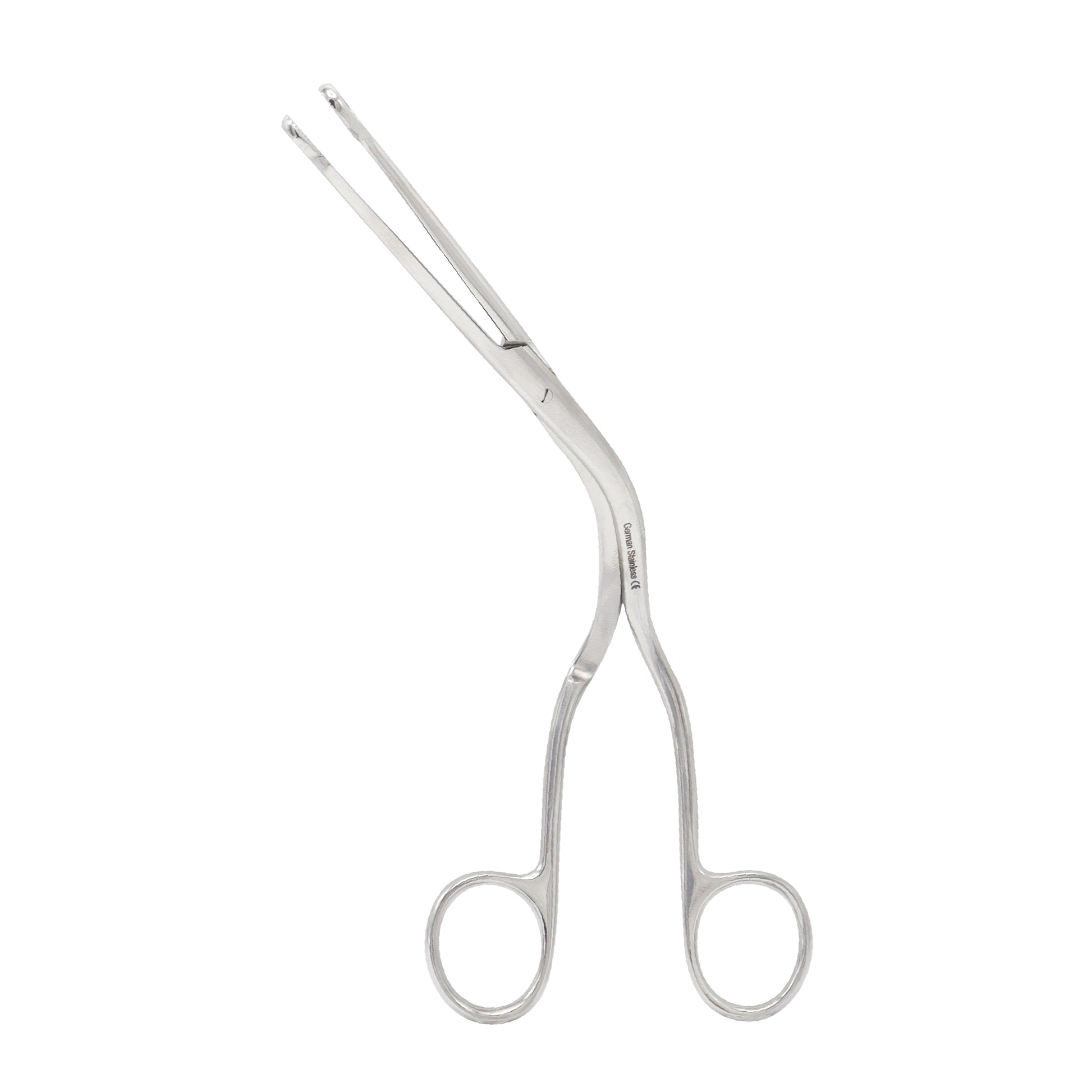 Curved stainless steel Magill forceps for airway management and intubation procedures.