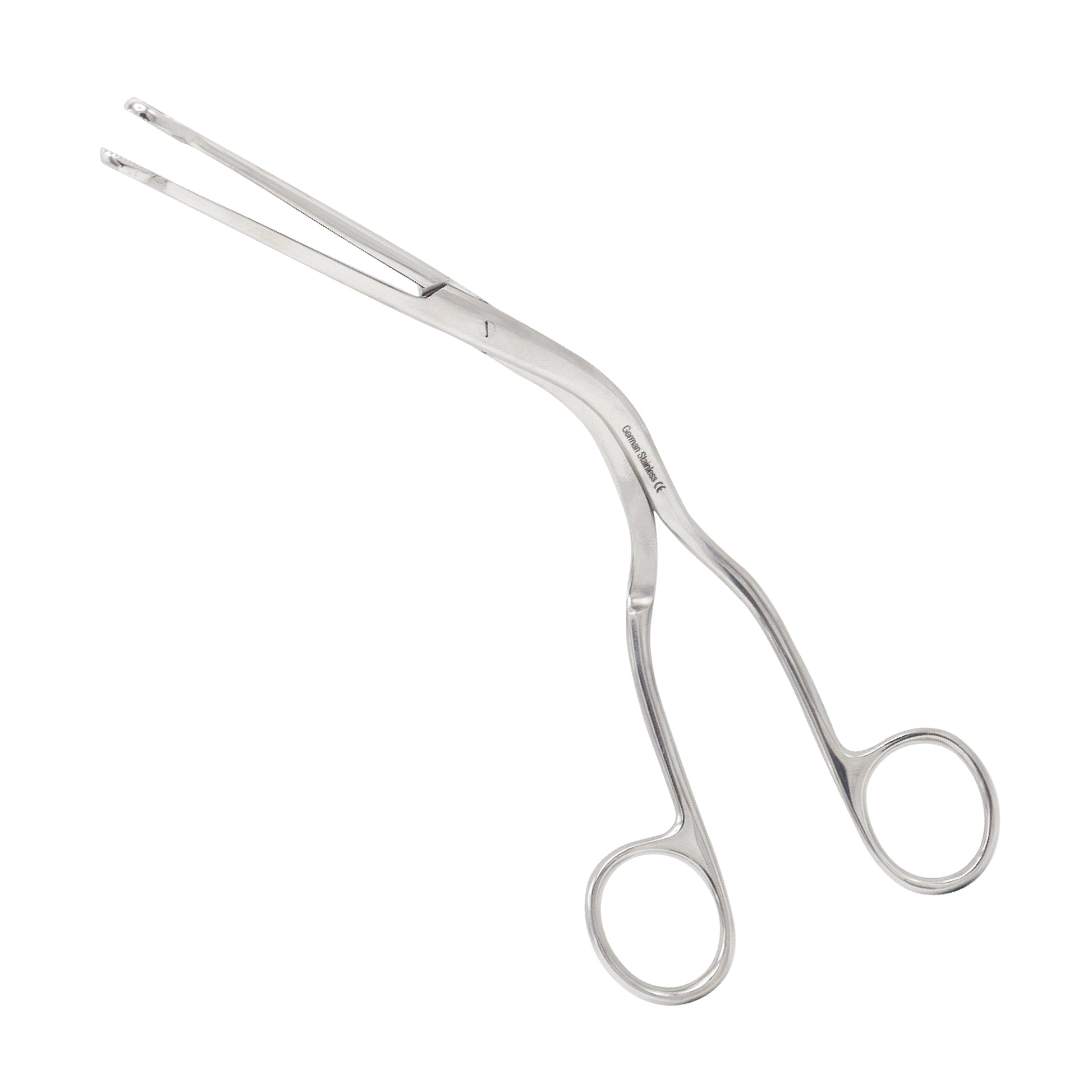 Adult Magill forceps made of surgical stainless steel with a signature angled design and ring handles for airway management.