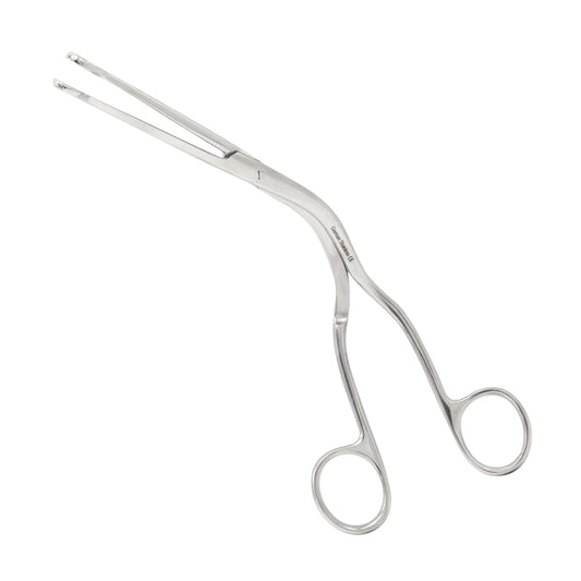 Adult Magill forceps made of surgical stainless steel with a signature angled design and ring handles for airway management.