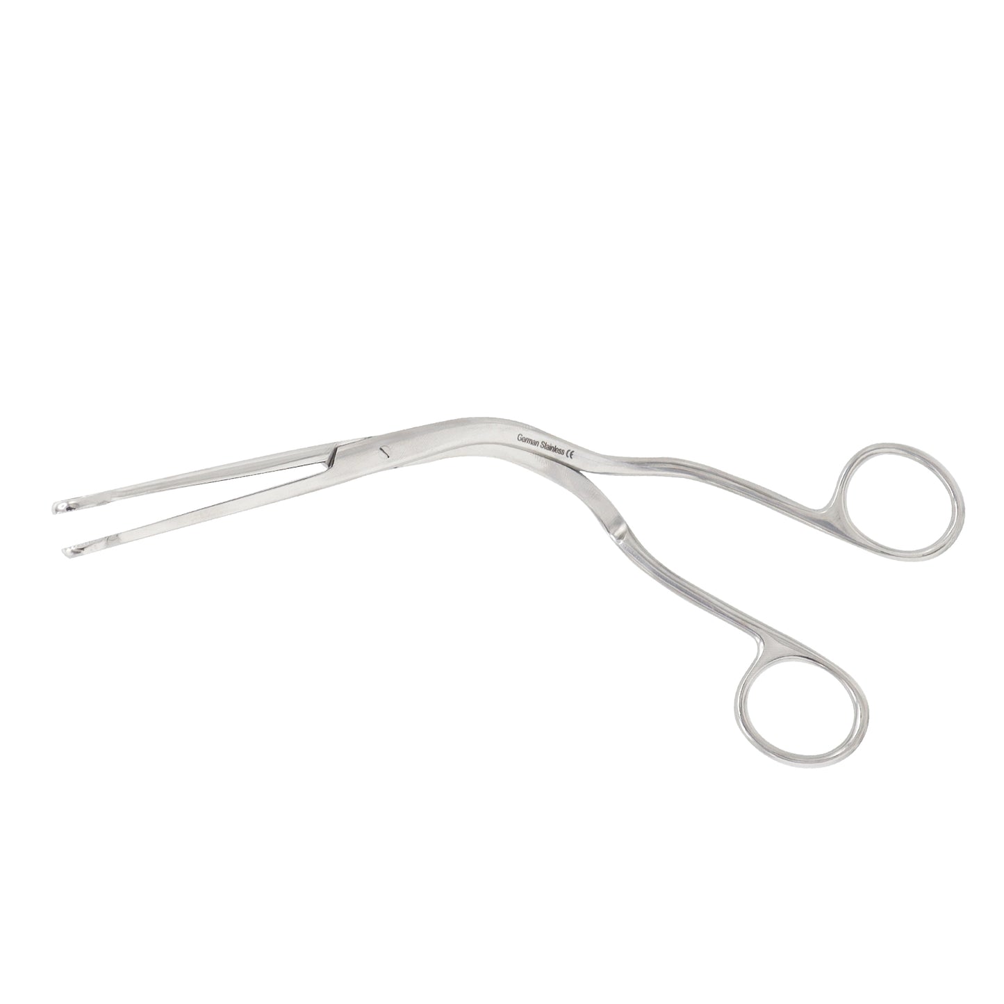 Stainless steel Magill catheter introducing forceps with a distinctive right-angle curved handle and looped jaws, isolated on a white background.