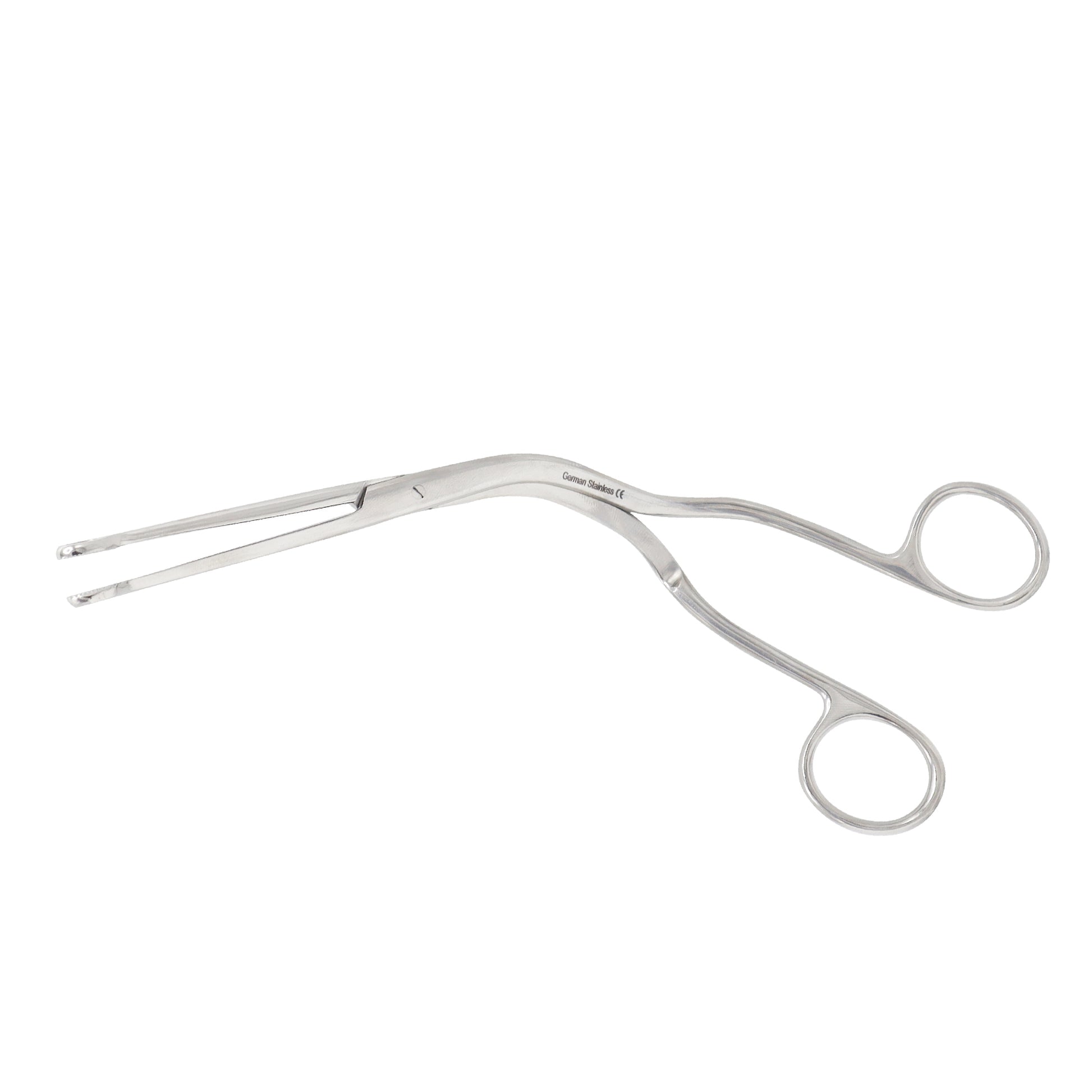 Stainless steel Magill catheter introducing forceps with a distinctive right-angle curved handle and looped jaws, isolated on a white background.