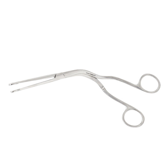 Stainless steel Magill catheter introducing forceps with a distinctive right-angle curved handle and looped jaws, isolated on a white background.