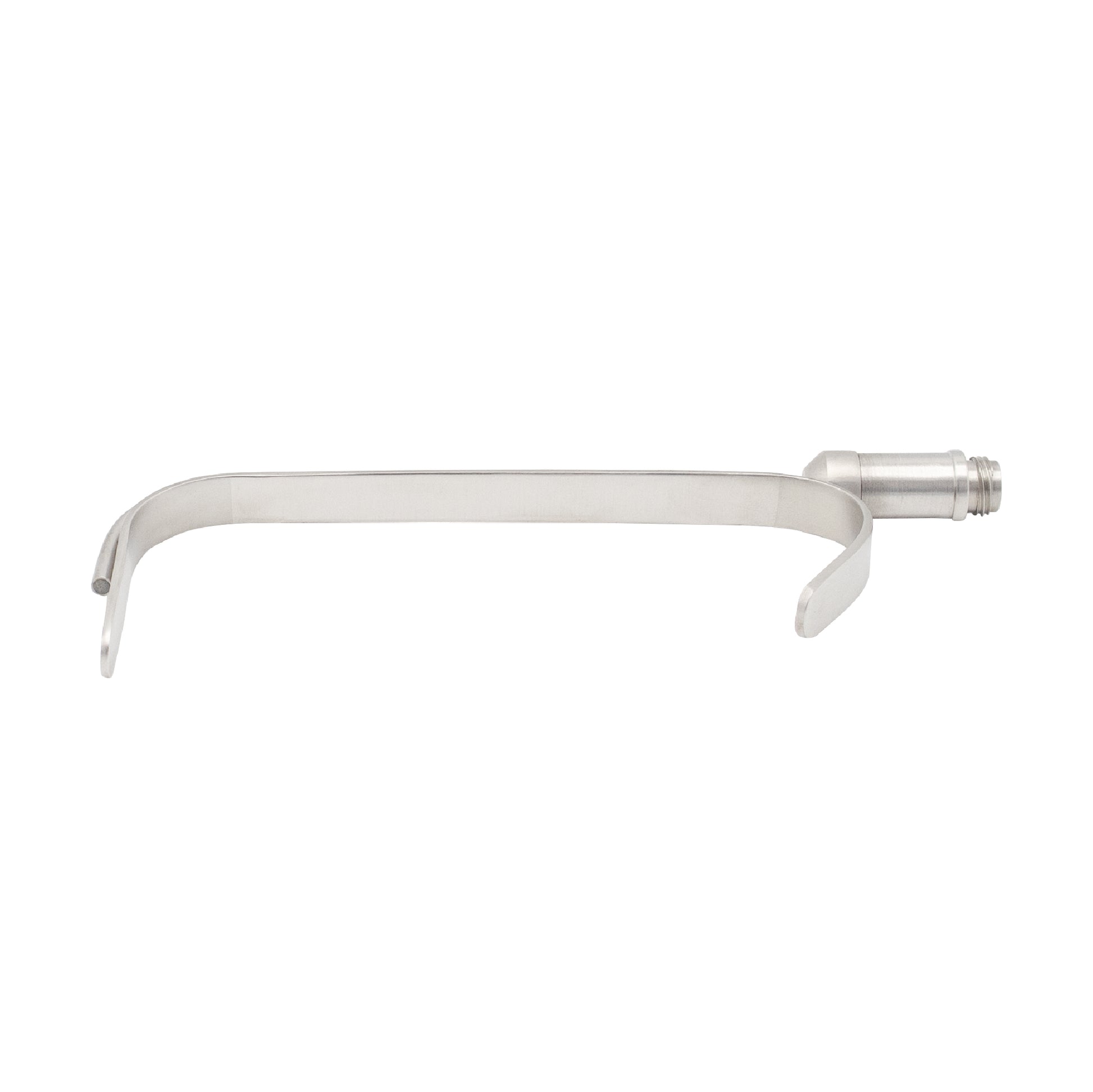 A stainless steel Maliniac nasal retractor featuring a flat, curved blade and a fiber-optic light connector on the handle end, used for illumination and tissue retraction in plastic surgery.