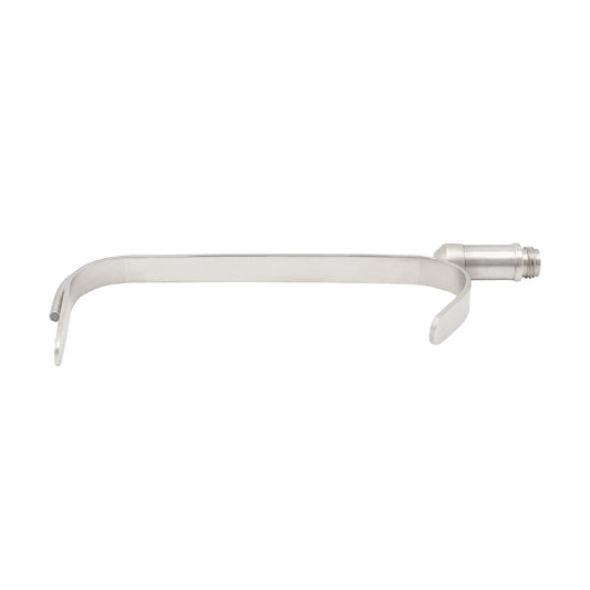A stainless steel Maliniac nasal retractor featuring a flat, curved blade and a fiber-optic light connector on the handle end, used for illumination and tissue retraction in plastic surgery.