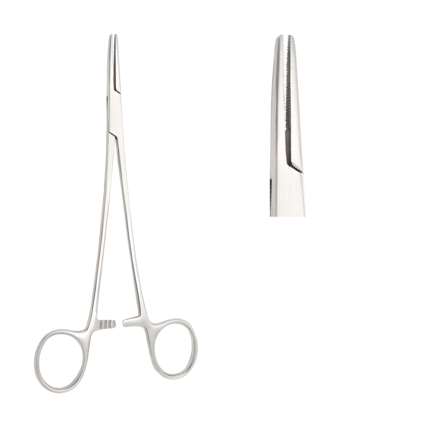 Mayo-Hegar needle holder with cross-serrated jaws and ratcheted locking handle, 6-inch stainless steel surgical instrument.