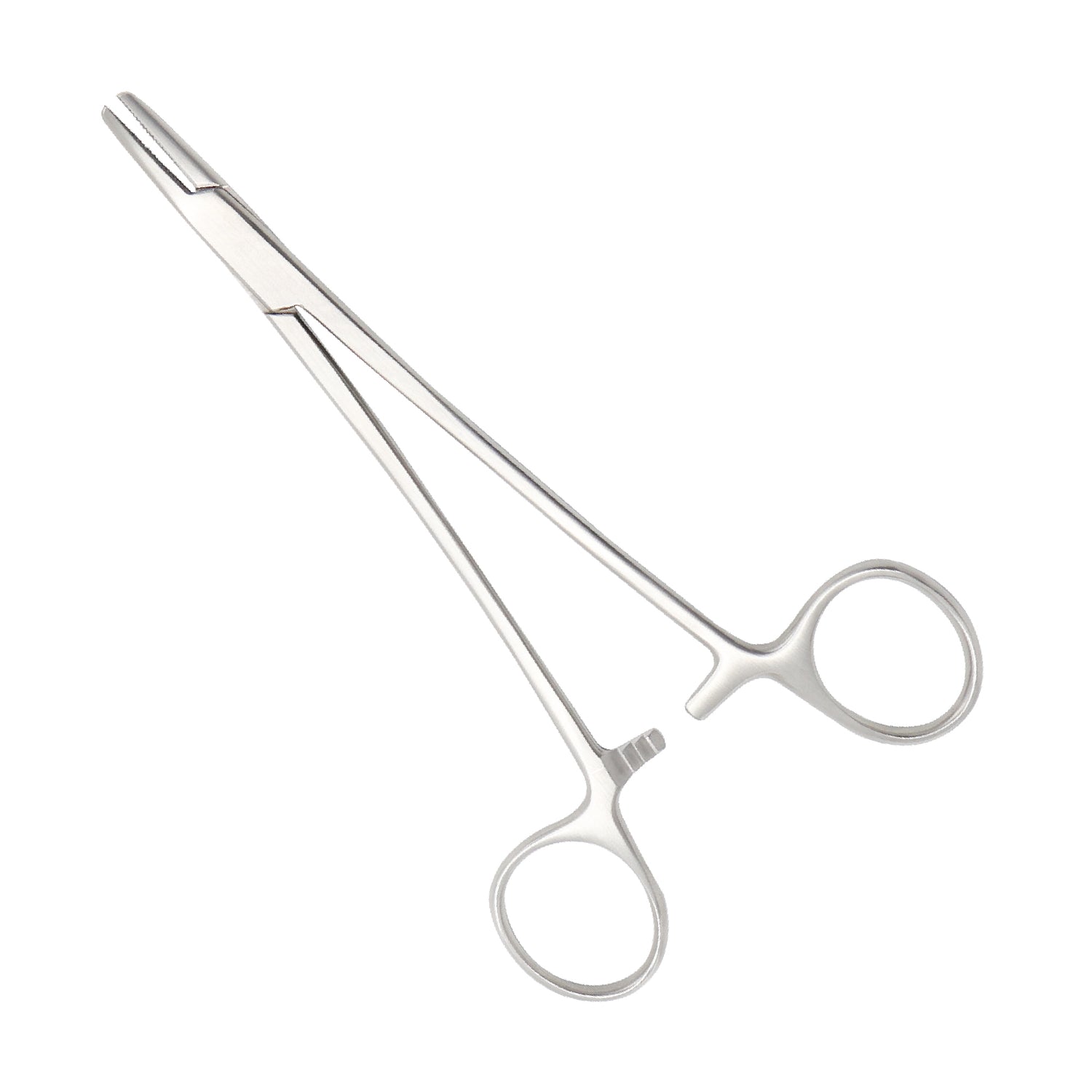 Mayo-Hegar needle holder with straight cross-serrated jaws and locking ratchet mechanism on a white background.