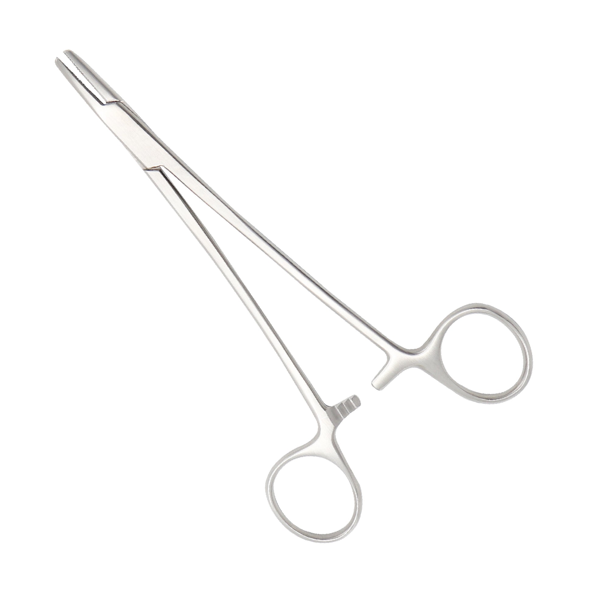 Mayo-Hegar needle holder with straight cross-serrated jaws and locking ratchet mechanism on a white background.