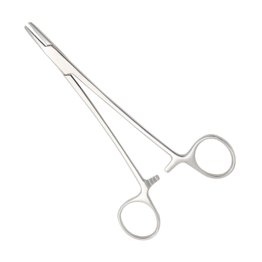 Mayo-Hegar needle holder with straight cross-serrated jaws and locking ratchet mechanism on a white background.