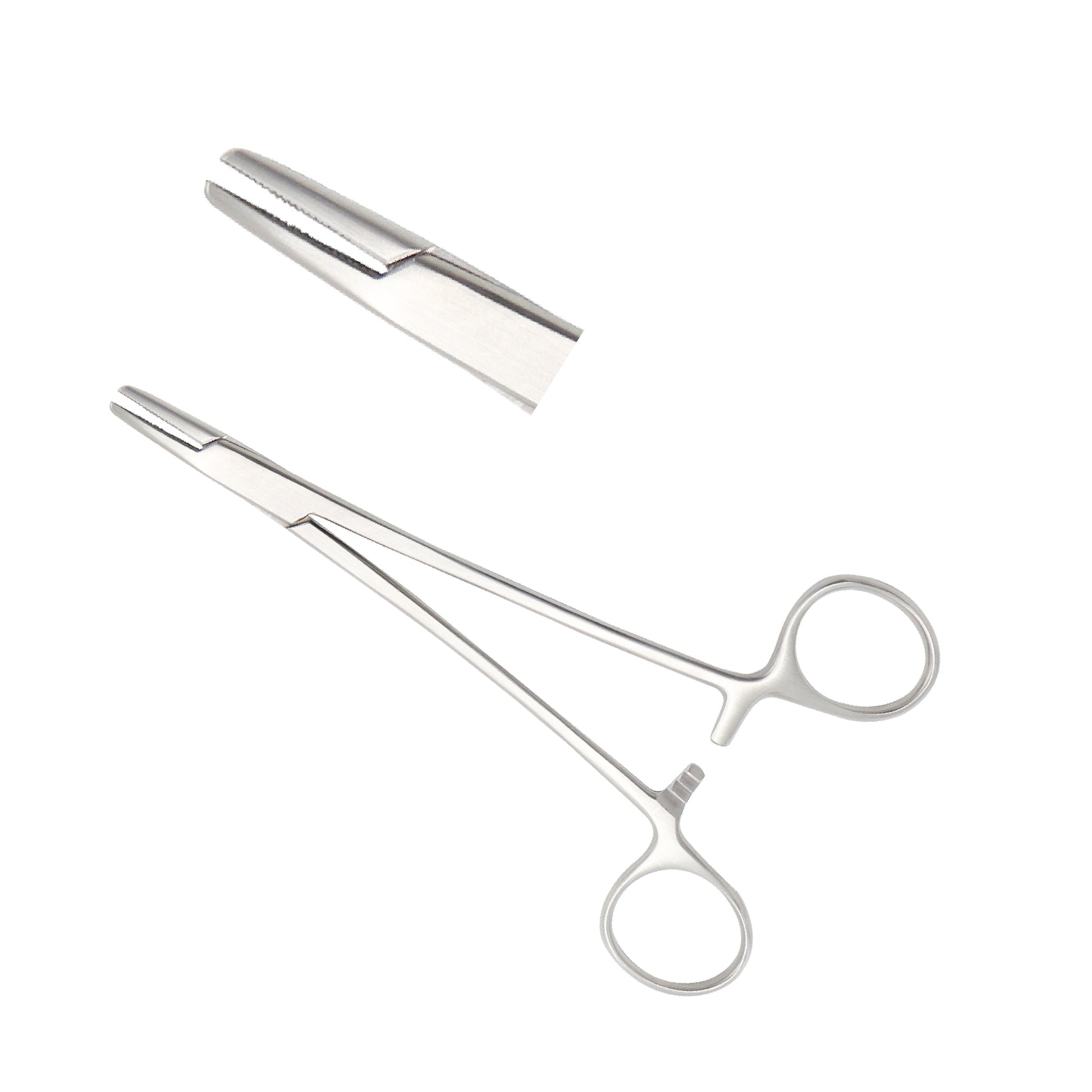 Mayo Hegar Needle Holder with cross-serrated jaws and ratchet locking mechanism on a white background.