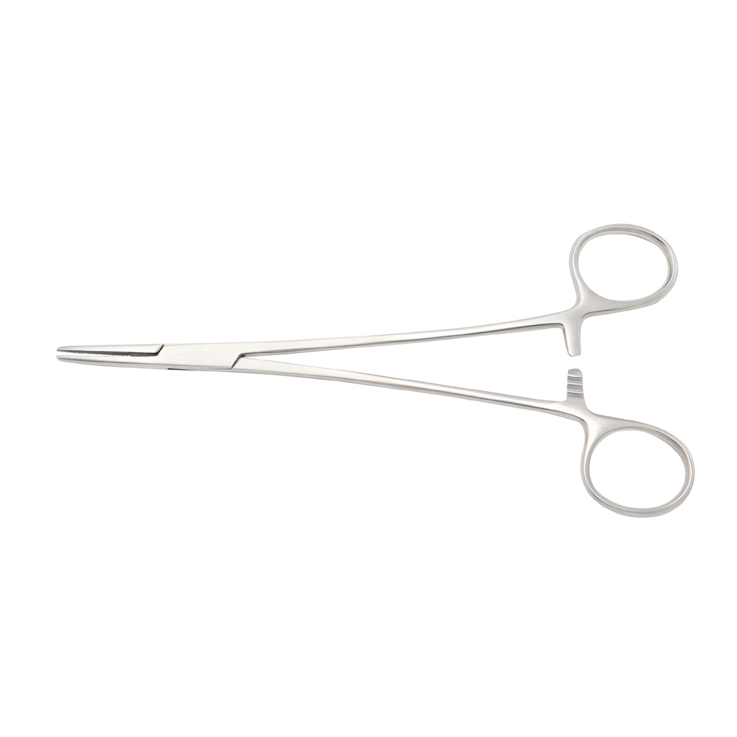 Mayo-Hegar needle holder with straight serrated jaws and finger-ring ratchet handle, surgical grade stainless steel.