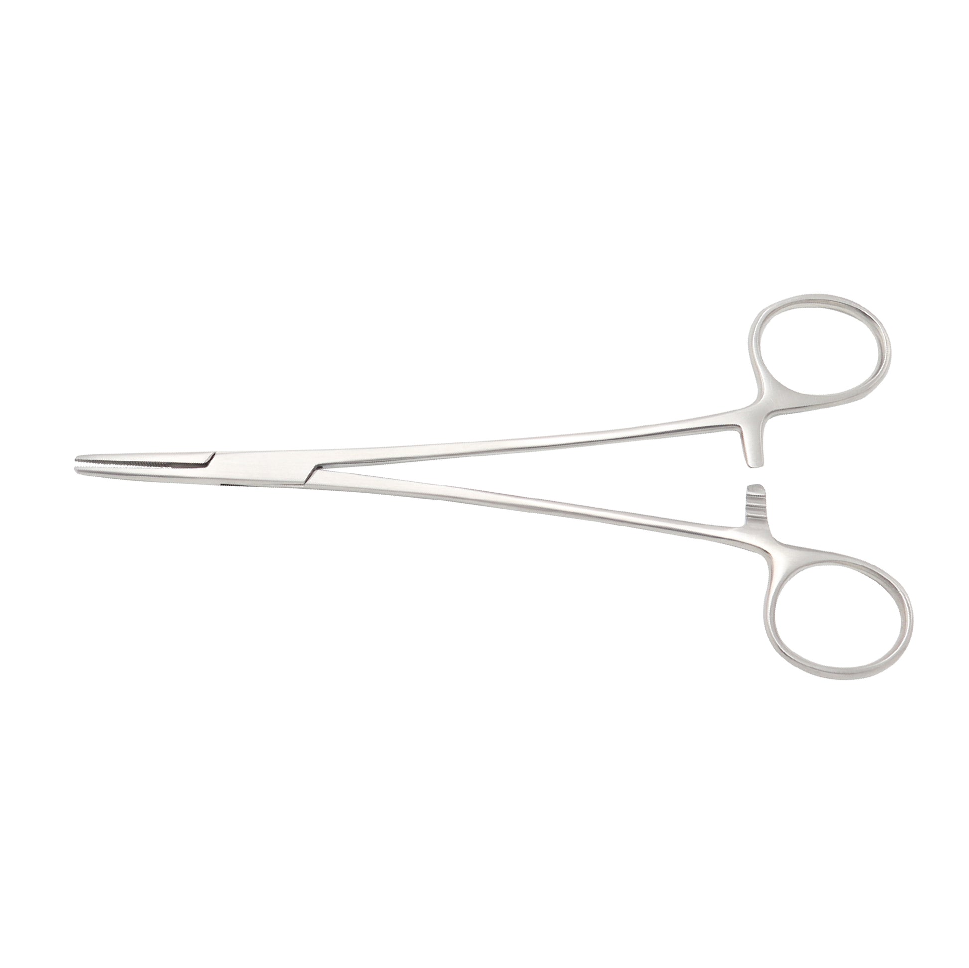Mayo-Hegar needle holder with straight serrated jaws and finger-ring ratchet handle, surgical grade stainless steel.