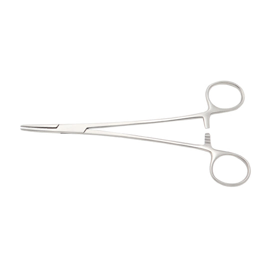 Mayo-Hegar needle holder with straight serrated jaws and finger-ring ratchet handle, surgical grade stainless steel.