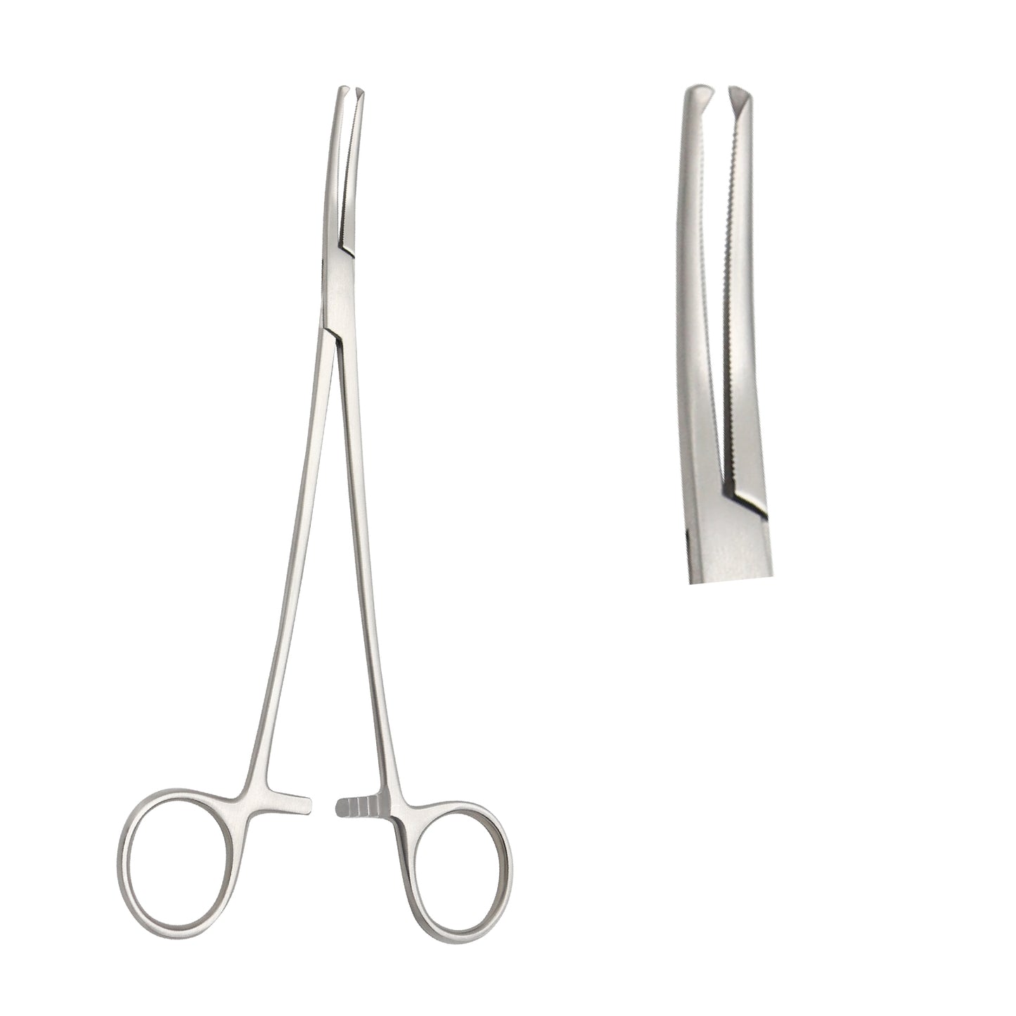 Mayo-Hegar Needle Holder with serrated jaws and ratchet locking mechanism for surgical suturing.