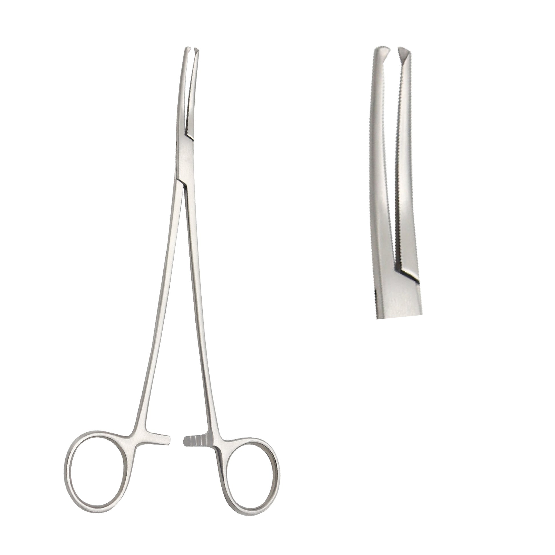 Mayo-Hegar Needle Holder with serrated jaws and ratchet locking mechanism for surgical suturing.