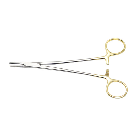 Mayo-Hegar Needle Holder with Tungsten Carbide jaws, straight 20cm surgical needle driver with gold handles.