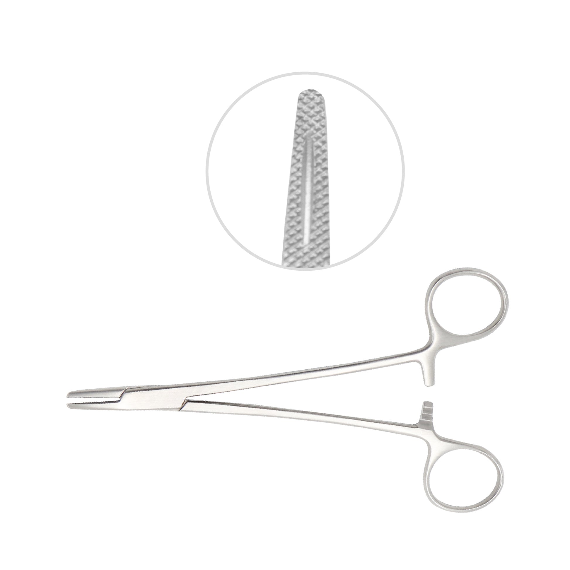 Mayo Hegar needle holder with straight, cross-hatched serrated jaws and a circular inset showing the detailed jaw texture.