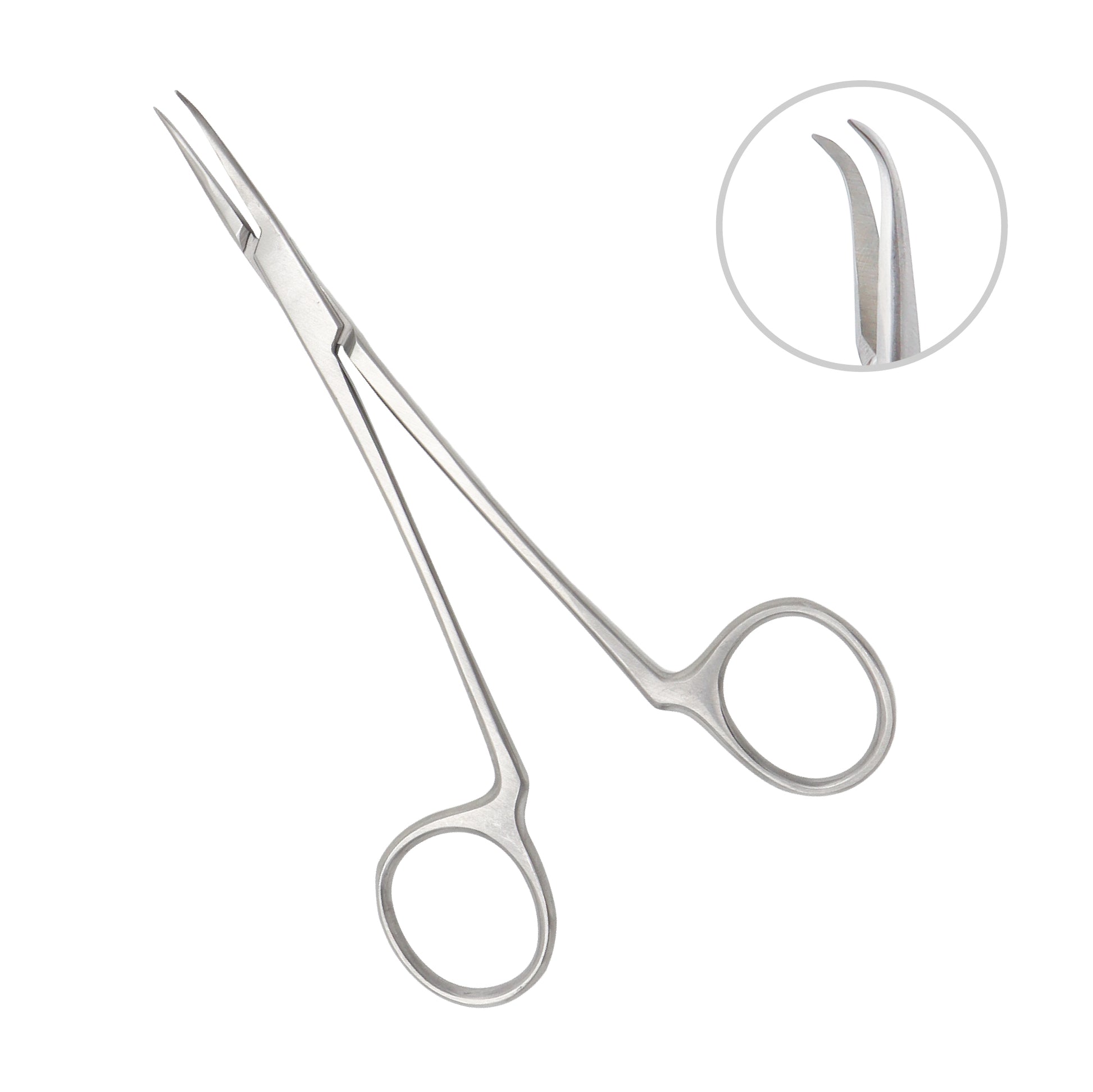 A pair of stainless steel McCabe facial nerve dissector forceps featuring slender, smooth, and curved jaws with finger-loop handles, shown alongside a magnified view of the curved tip.