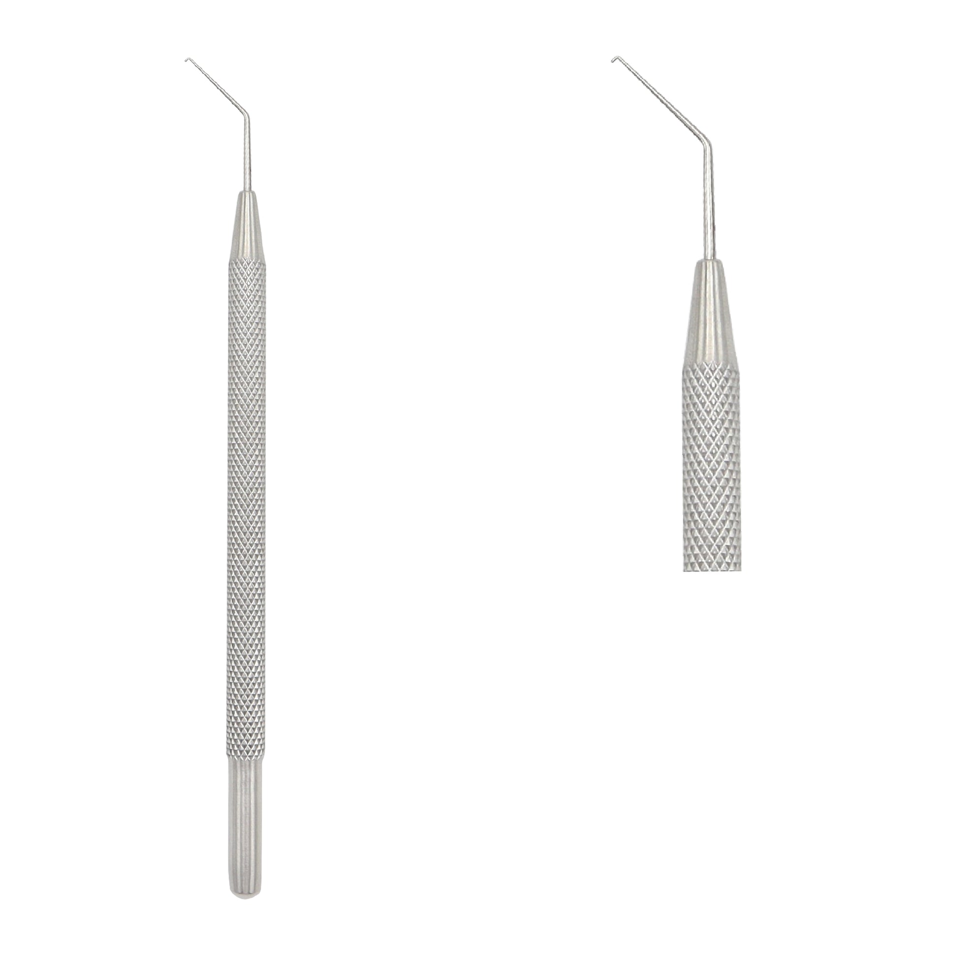 Two views of a professional stainless steel dental scaler instrument showing the thin, angled working tip and a knurled, textured handle design on a plain white background.