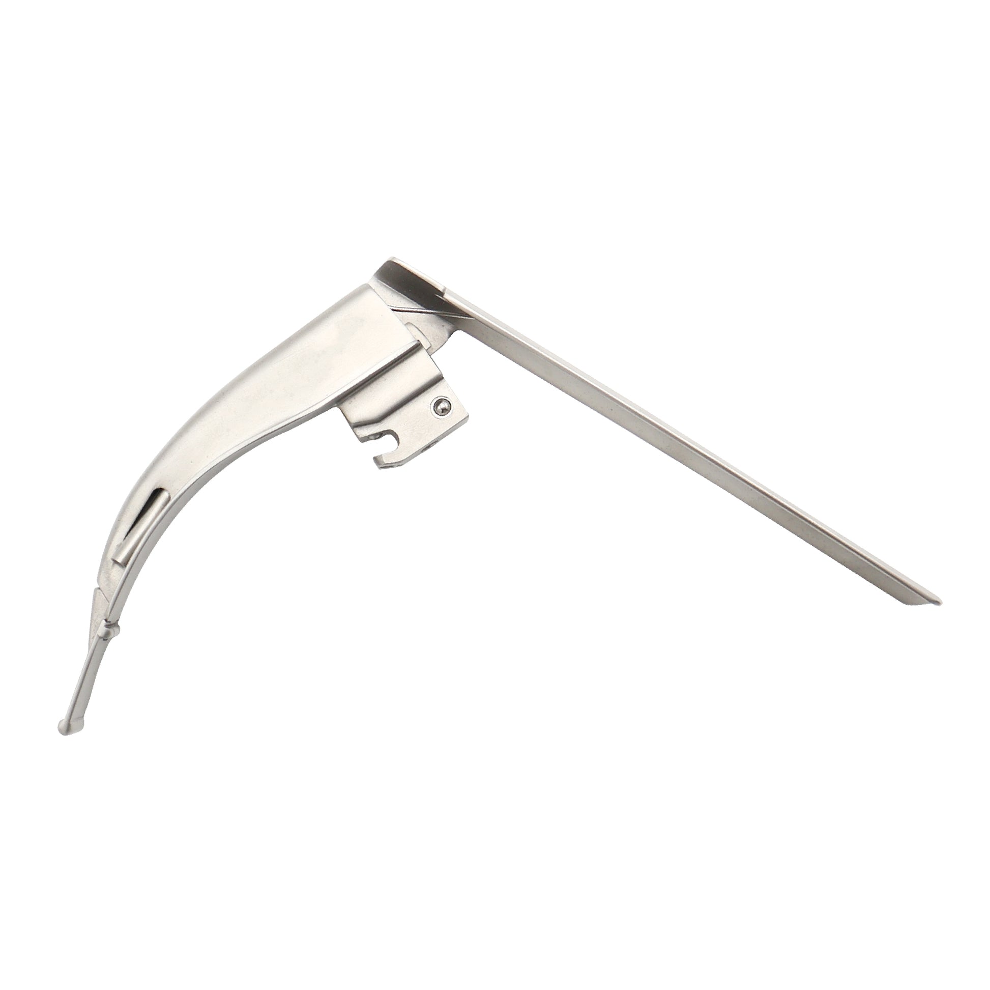 A surgical stainless steel McCoy laryngoscope blade featuring a flexible levering tip and integrated fiber-optic light guide for difficult intubations.
