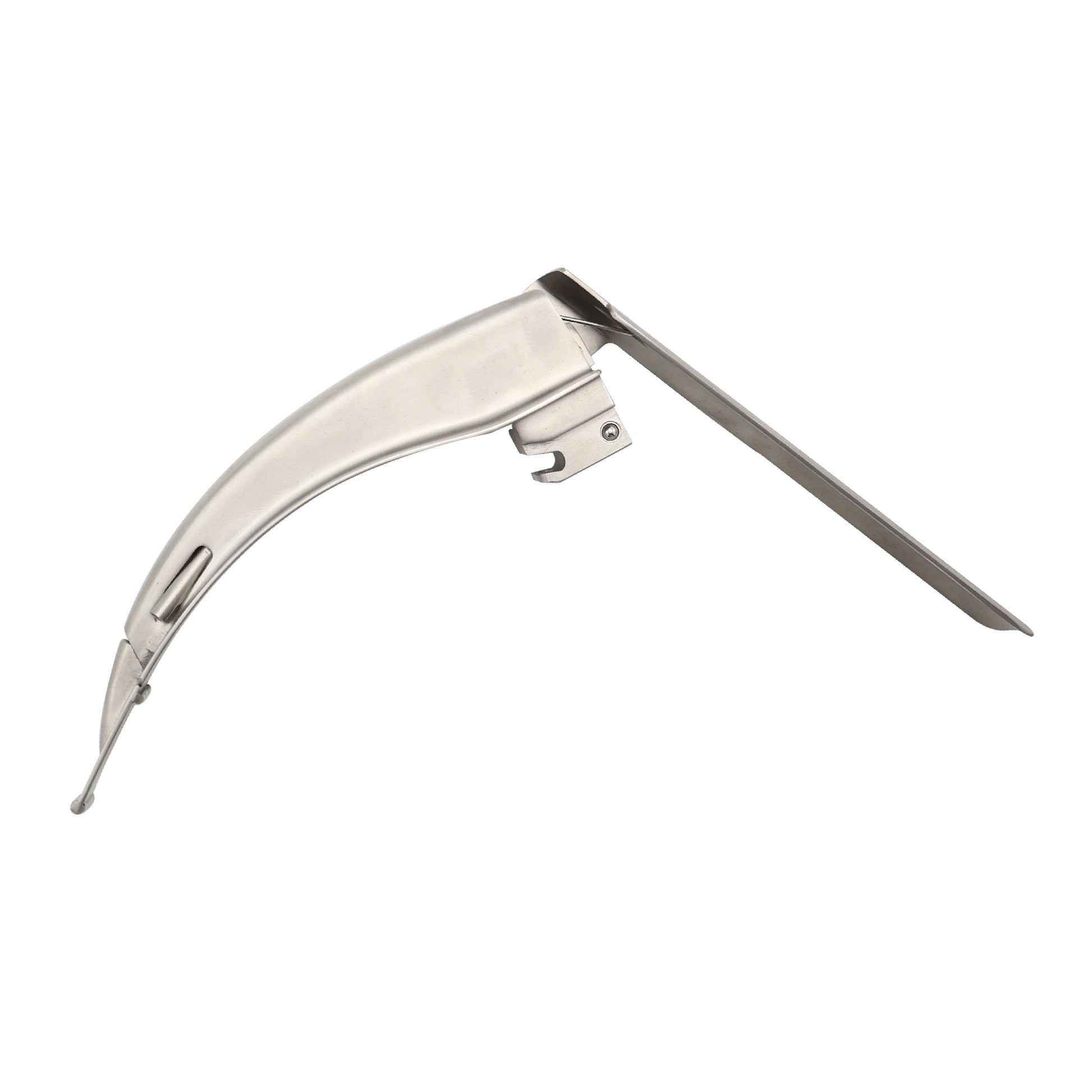 A stainless steel McCoy-style laryngoscope blade for difficult intubation, featuring a curved Mac-style profile with a distinctive hinged, adjustable distal tip for elevating the epiglottis.
