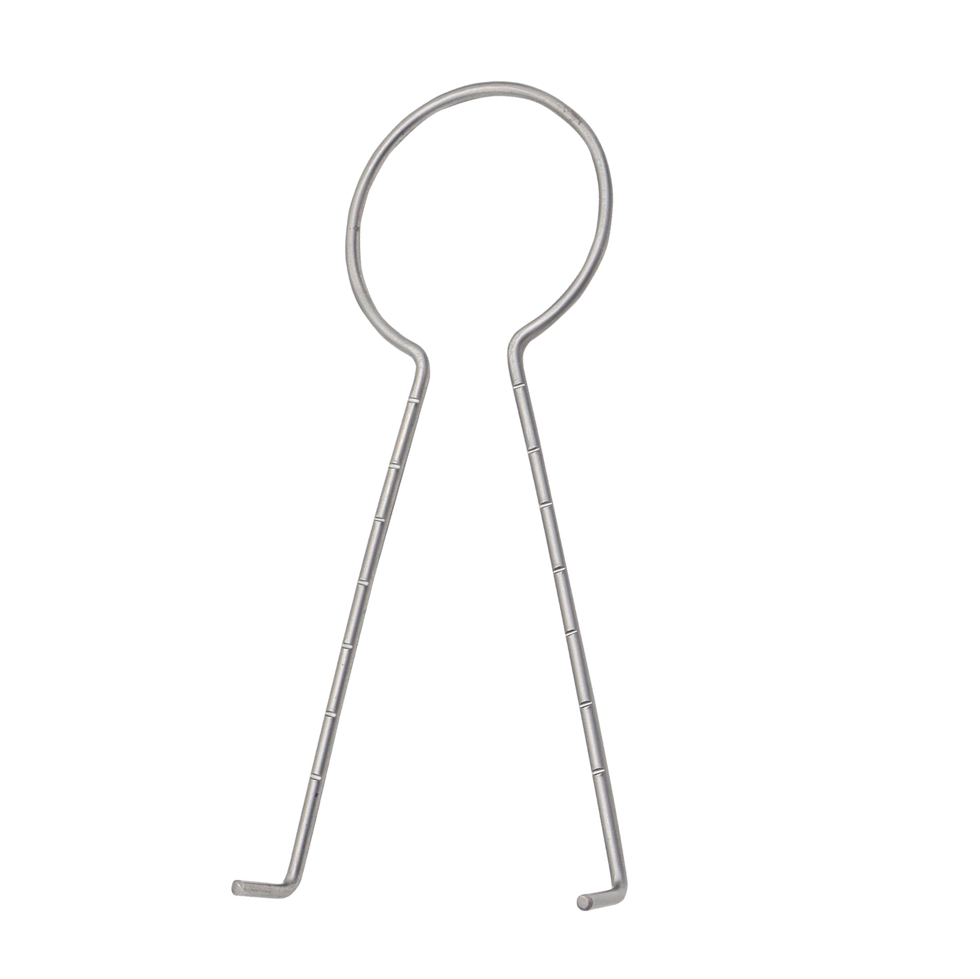 A stainless steel McKissock Keyhole Marker, a surgical instrument featuring a circular wire loop at the top and two long, graduated legs with small hooked feet at the bottom, used for breast reduction markings.