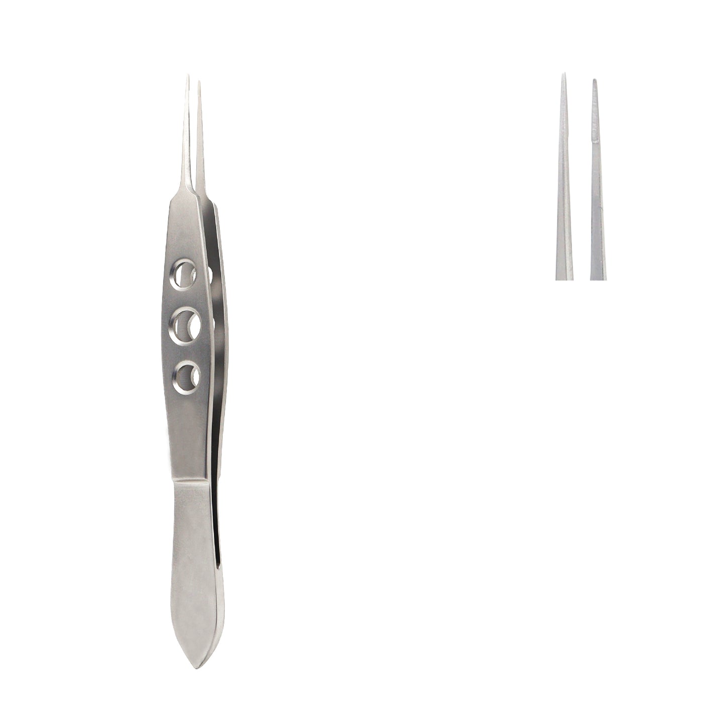 A pair of stainless steel McPherson ophthalmic forceps featuring a three-hole fenestrated handle for better grip and fine, straight tips for delicate eye surgery procedures.
