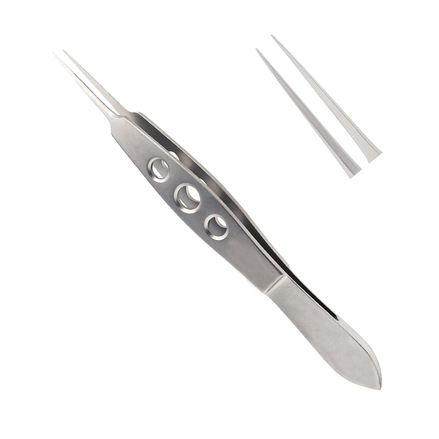 Stainless steel McPherson suture tying forceps for ophthalmic surgery, featuring a flat handle with three circular finger holes and fine, straight tips for precise suture manipulation.
