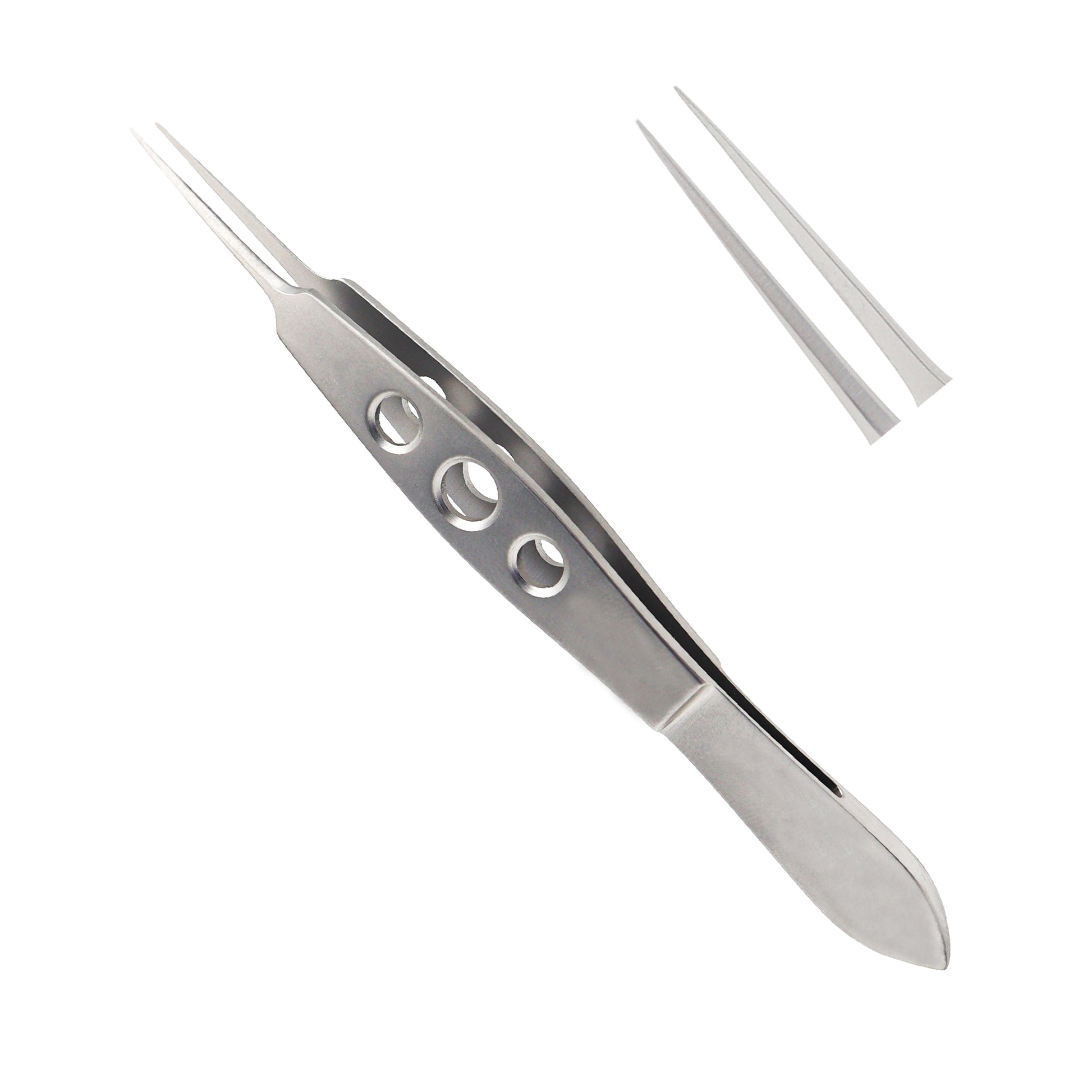 Stainless steel McPherson suture tying forceps for ophthalmic surgery, featuring a flat handle with three circular finger holes and fine, straight tips for precise suture manipulation.