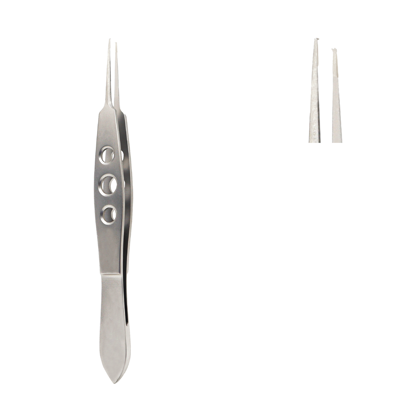 Stainless steel McPherson suture tying forceps featuring a three-hole handle design and smooth tying platform for ophthalmic surgery.