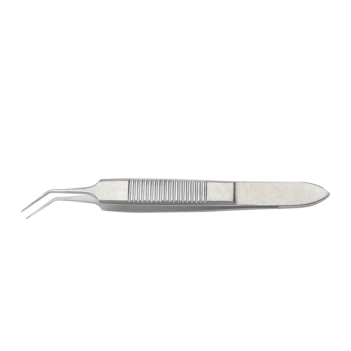 Angled McPherson tying forceps made of premium surgical-grade stainless steel with a flat serrated handle for ophthalmic and microsurgical procedures.