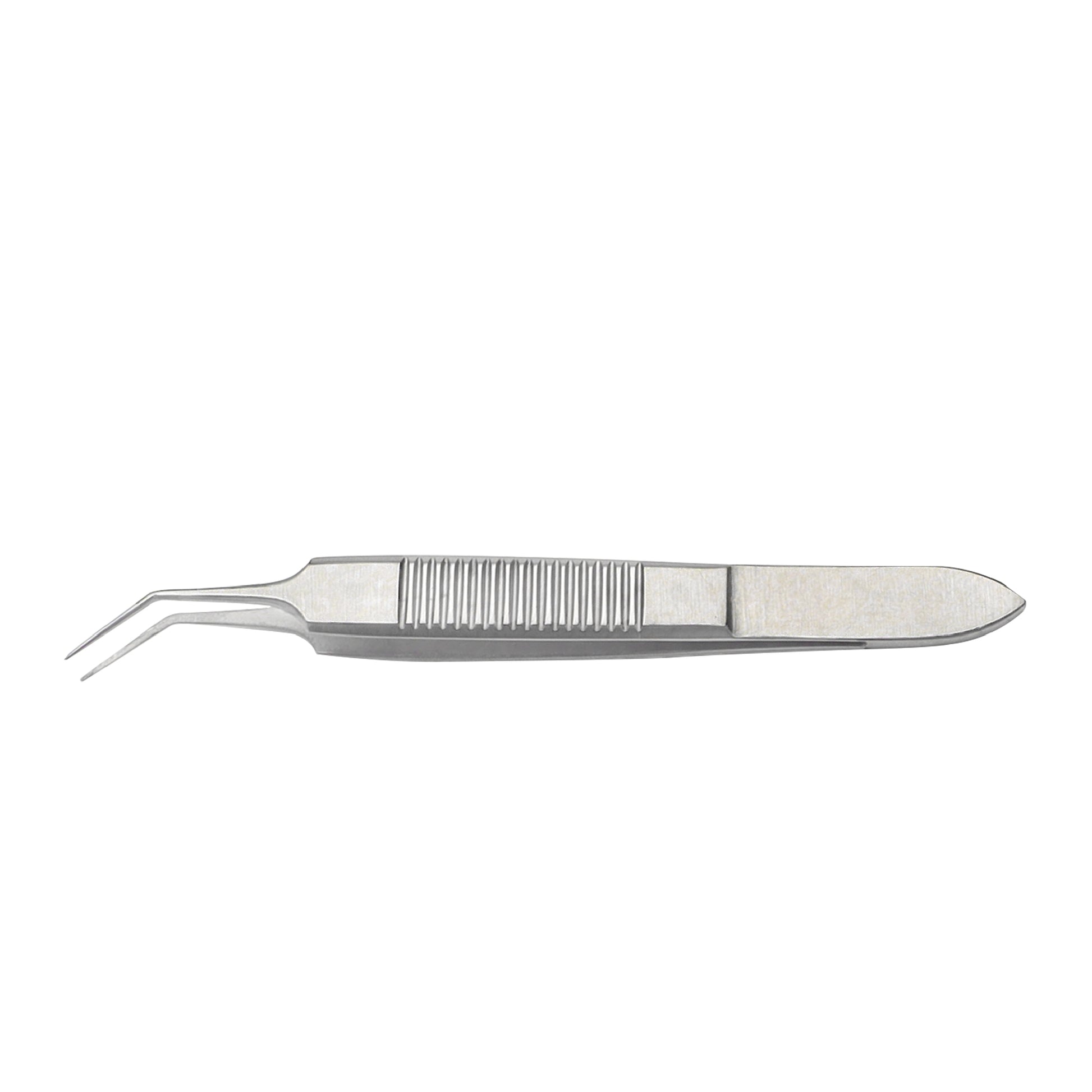 Angled McPherson tying forceps made of premium surgical-grade stainless steel with a flat serrated handle for ophthalmic and microsurgical procedures.