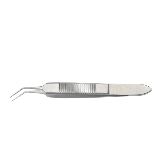 Angled McPherson tying forceps made of premium surgical-grade stainless steel with a flat serrated handle for ophthalmic and microsurgical procedures.