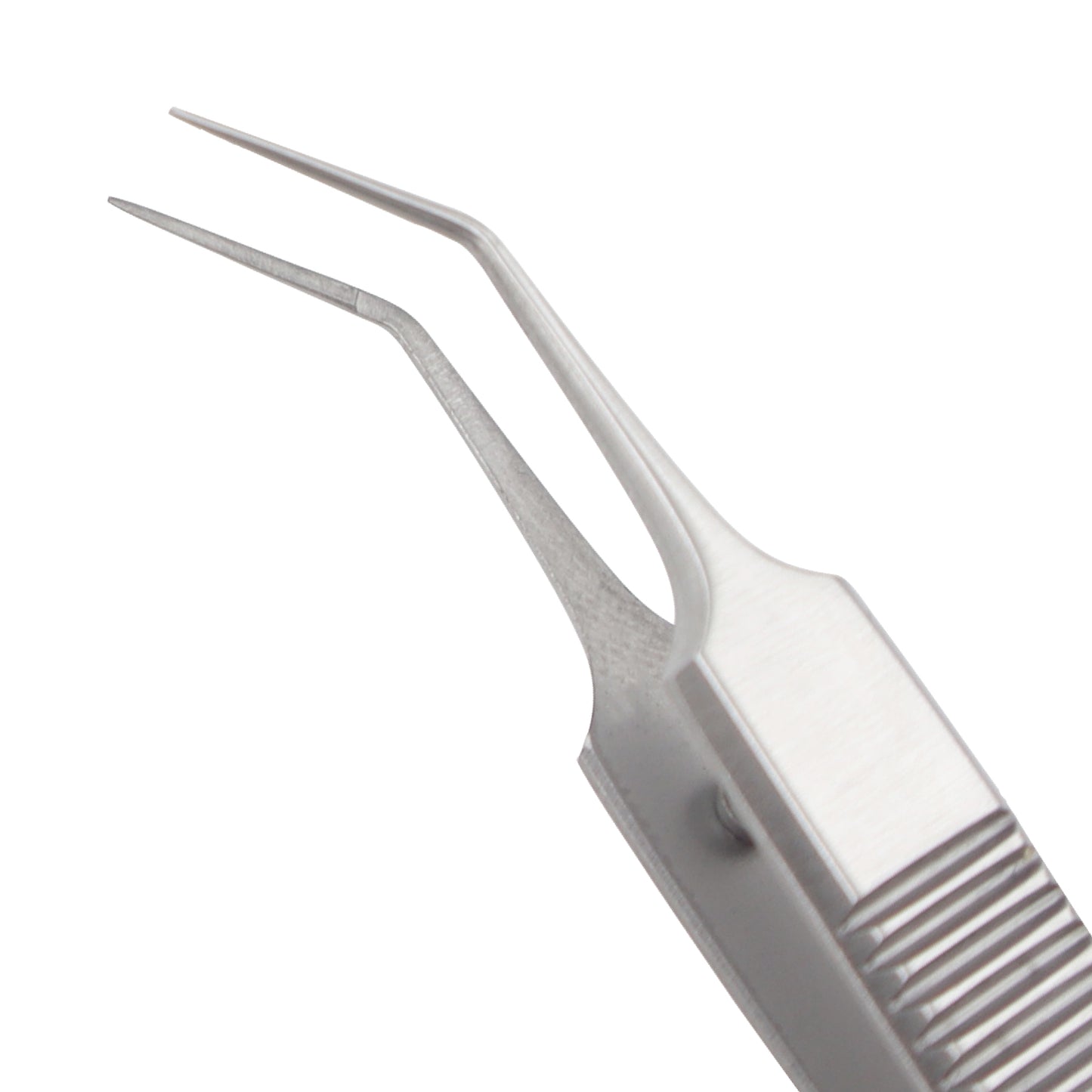 Angled McPherson tying forceps with a corrugated flat grip handle, specialized for ophthalmic and microsurgical suture tying.