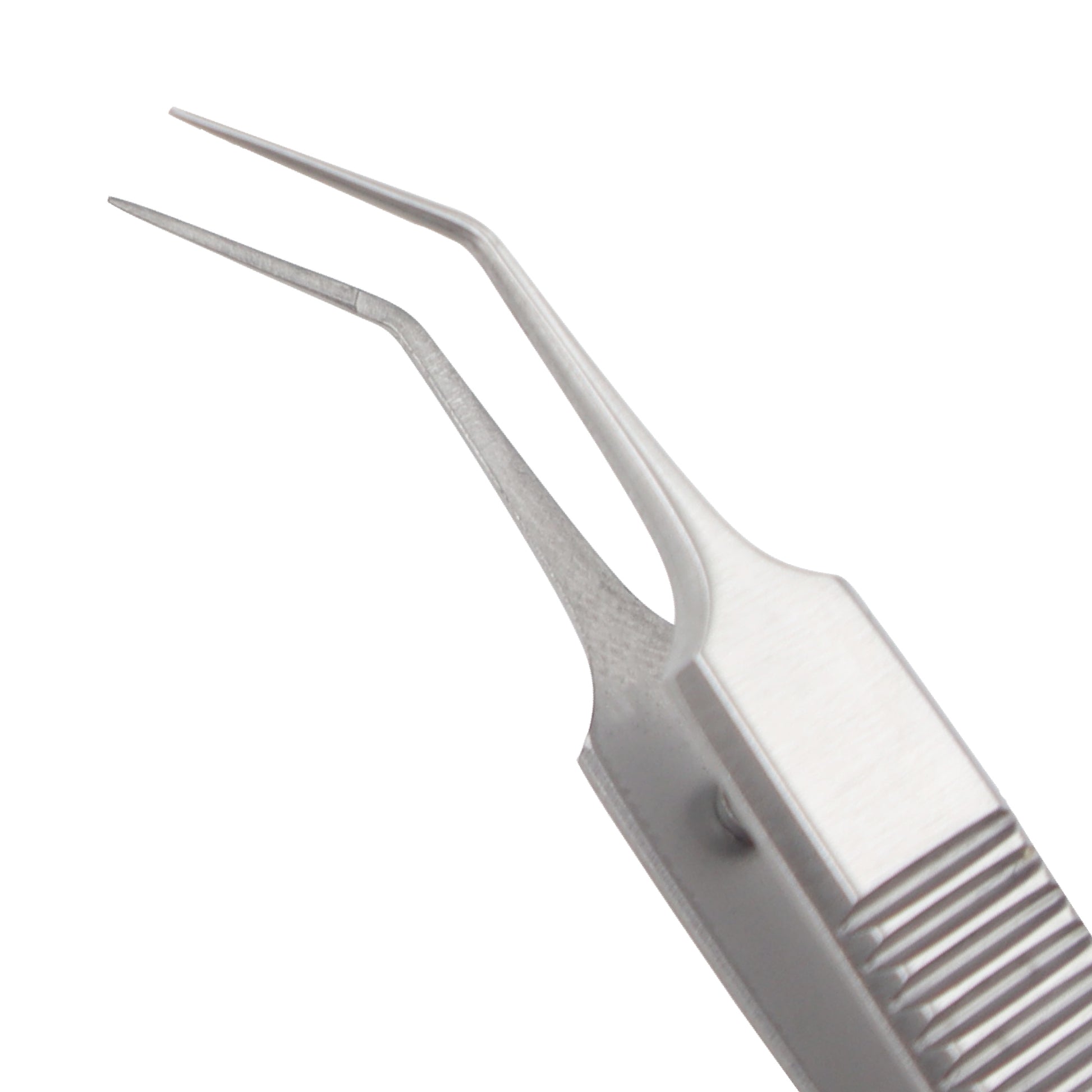 Angled McPherson tying forceps with a corrugated flat grip handle, specialized for ophthalmic and microsurgical suture tying.