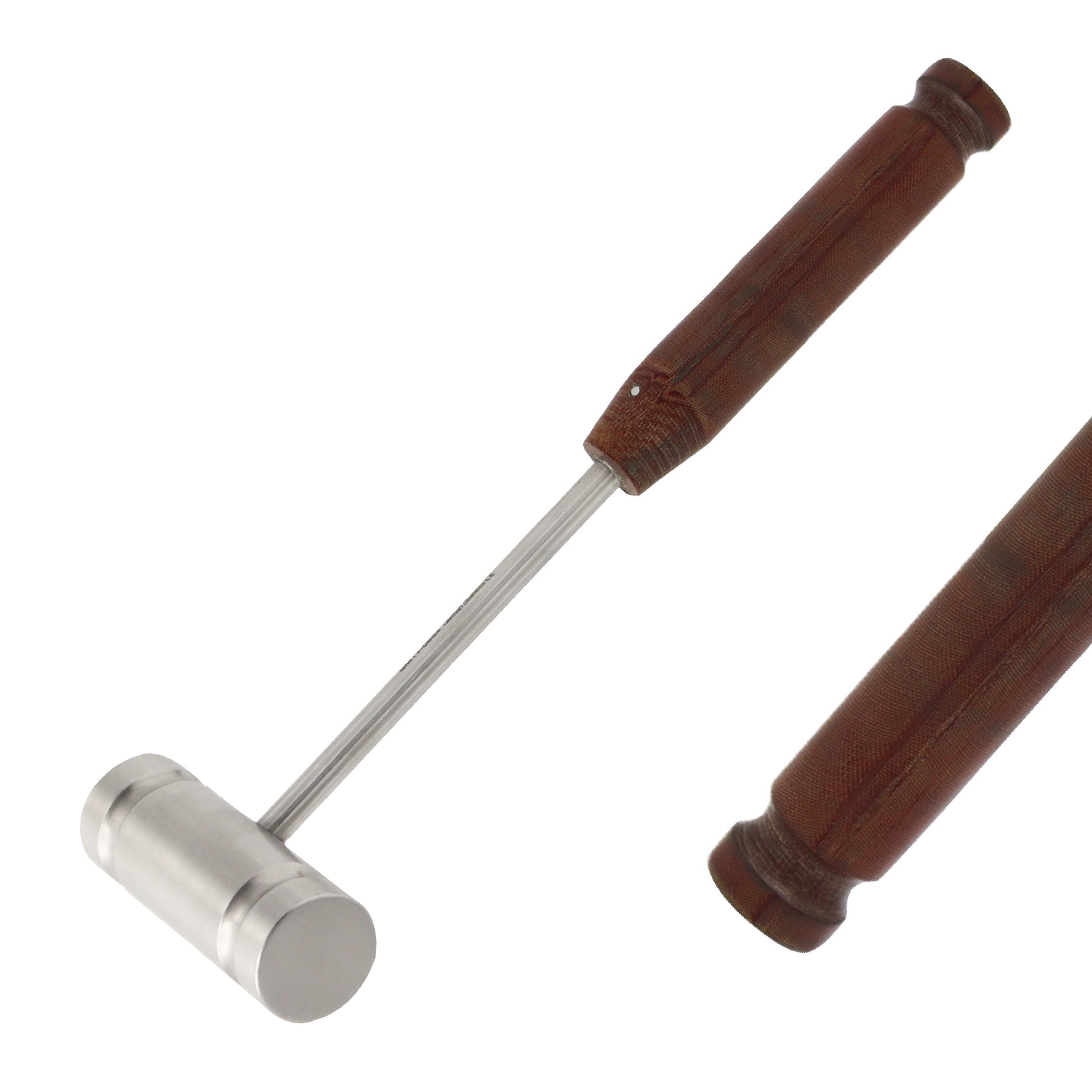 A medical-grade stainless steel orthopedic bone mallet isolated on a solid white background.