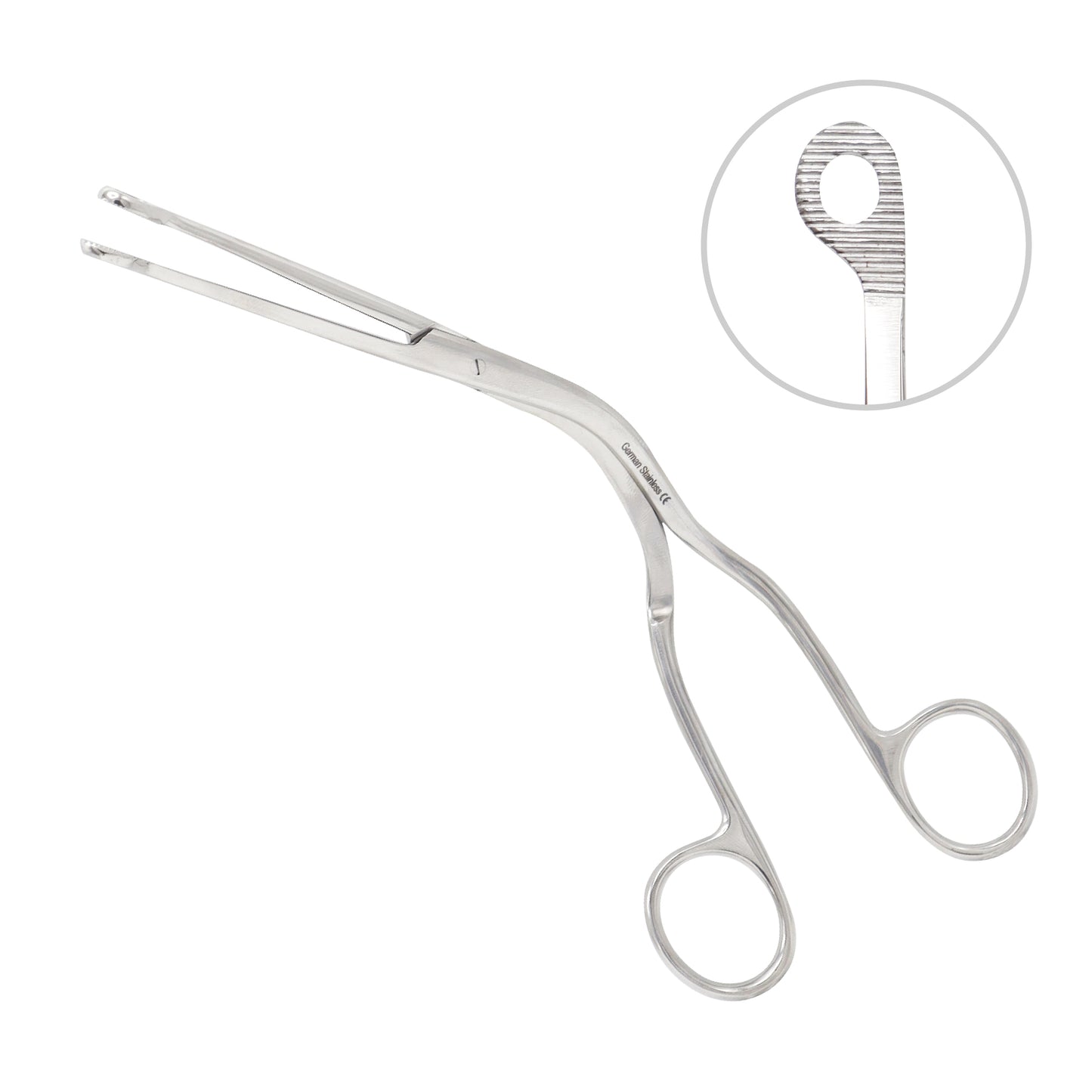 Anesthesiology Magill catheter forceps featuring an ergonomic offset handle design and serrated fenestrated tips.